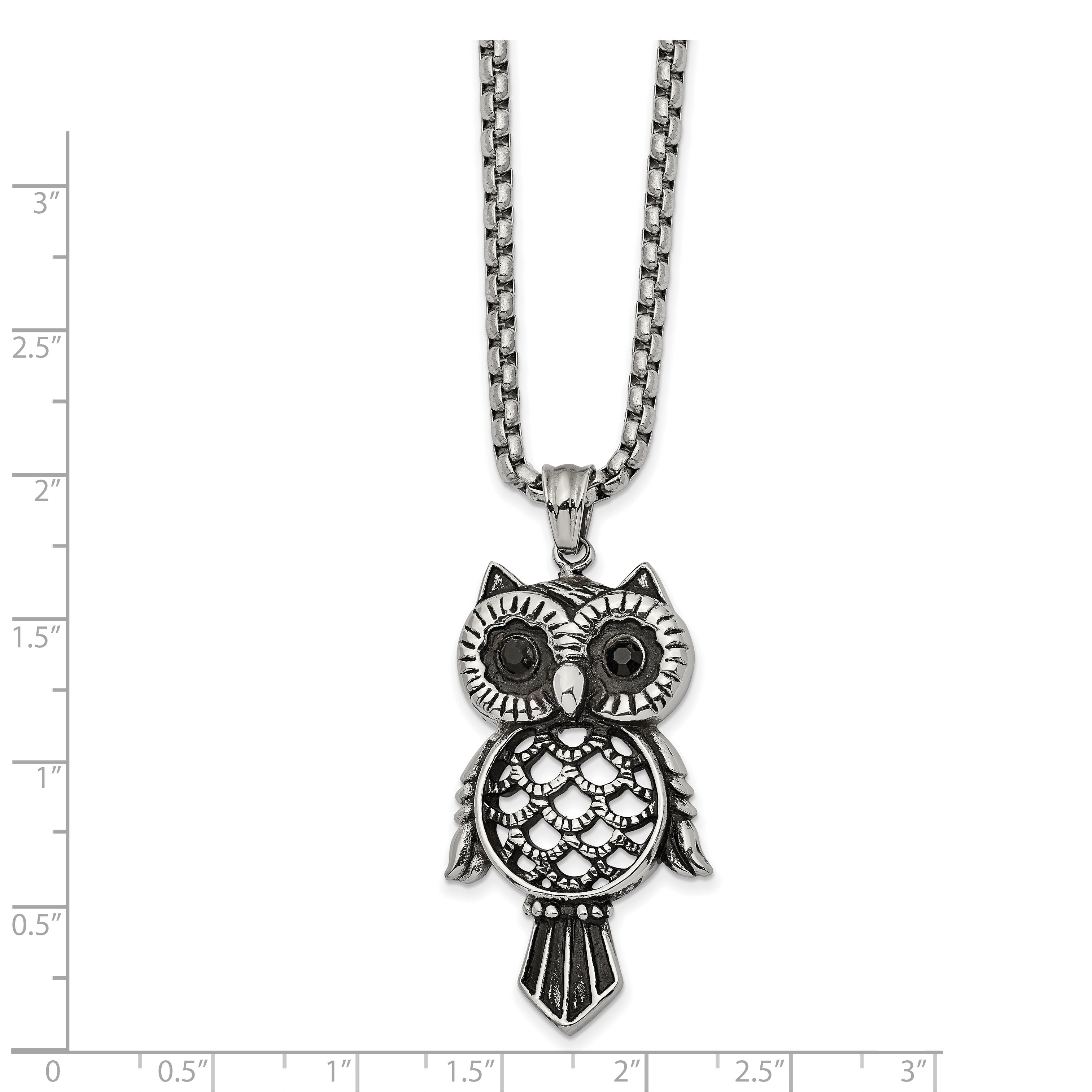 Chisel Stainless Steel Antiqued and Polished with Black CZ Owl Pendant on a 24 inch Box Chain Necklace