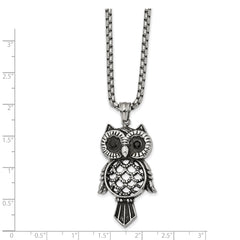 Chisel Stainless Steel Antiqued and Polished with Black CZ Owl Pendant on a 24 inch Box Chain Necklace