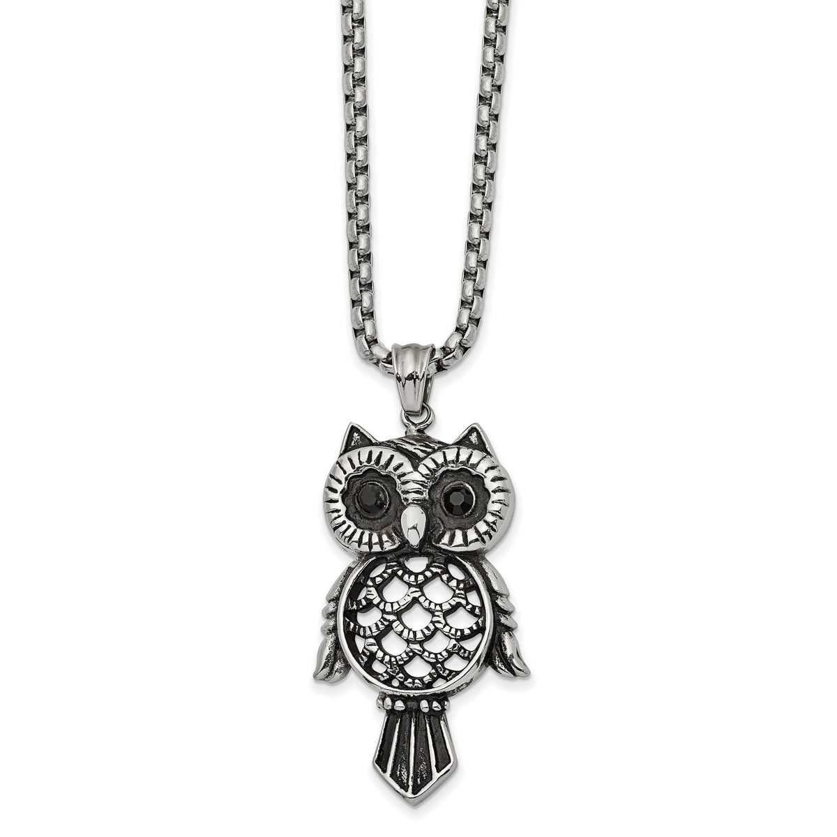 Chisel Stainless Steel Antiqued and Polished with Black CZ Owl Pendant on a 24 inch Box Chain Necklace