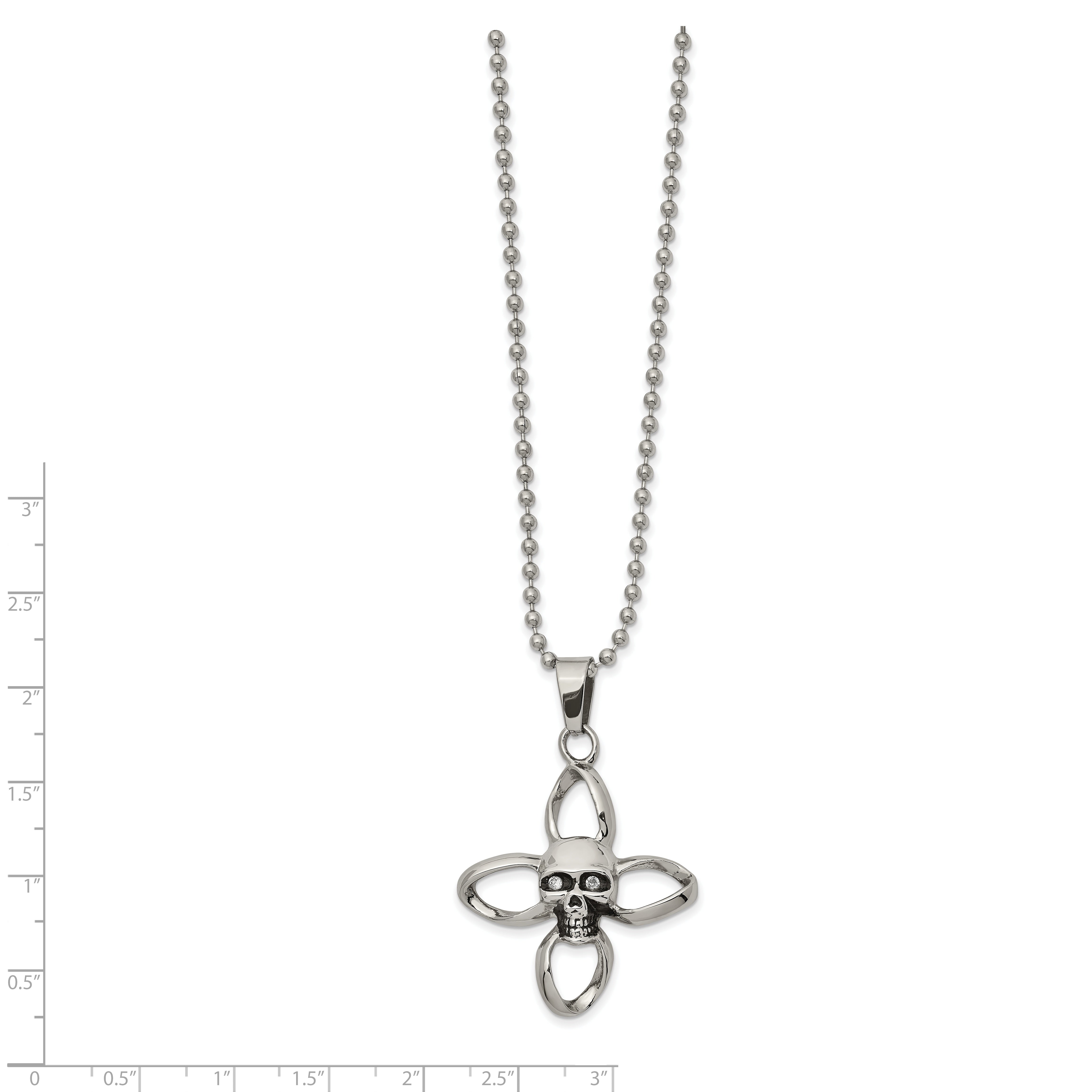 Stainless Steel Antiqued and Polished w/ CZ Skull Cross 22in Necklace