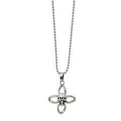 Stainless Steel Antiqued and Polished w/ CZ Skull Cross 22in Necklace