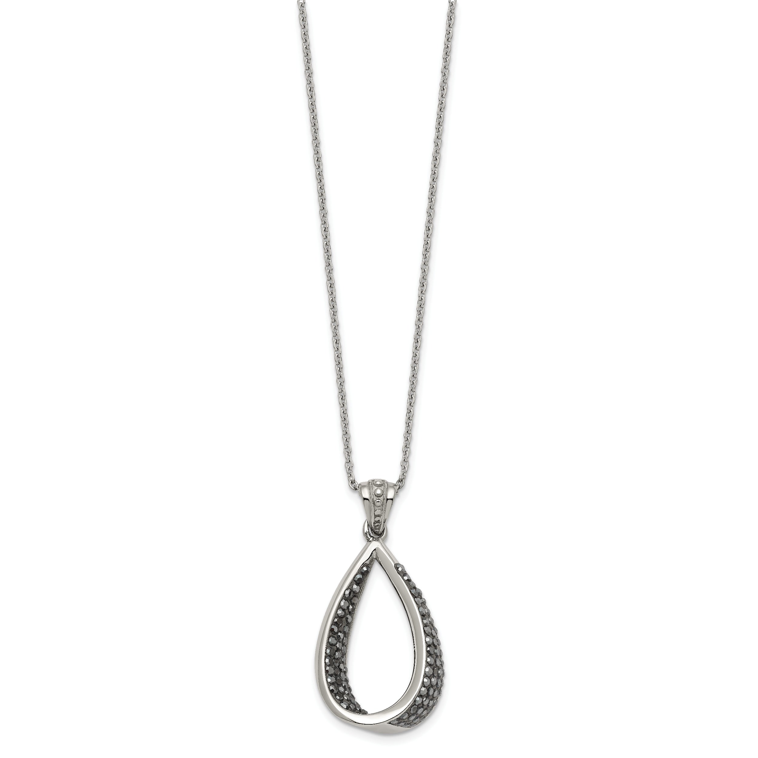 Stainless Steel  22in Polished Teardrop Black Preciosa Crystal Necklace