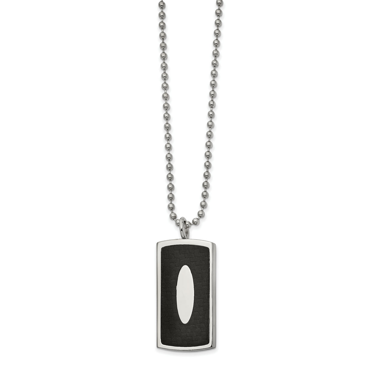 Stainless Steel Polished w/Black Leather Inlay Dog Tag 22in Necklace