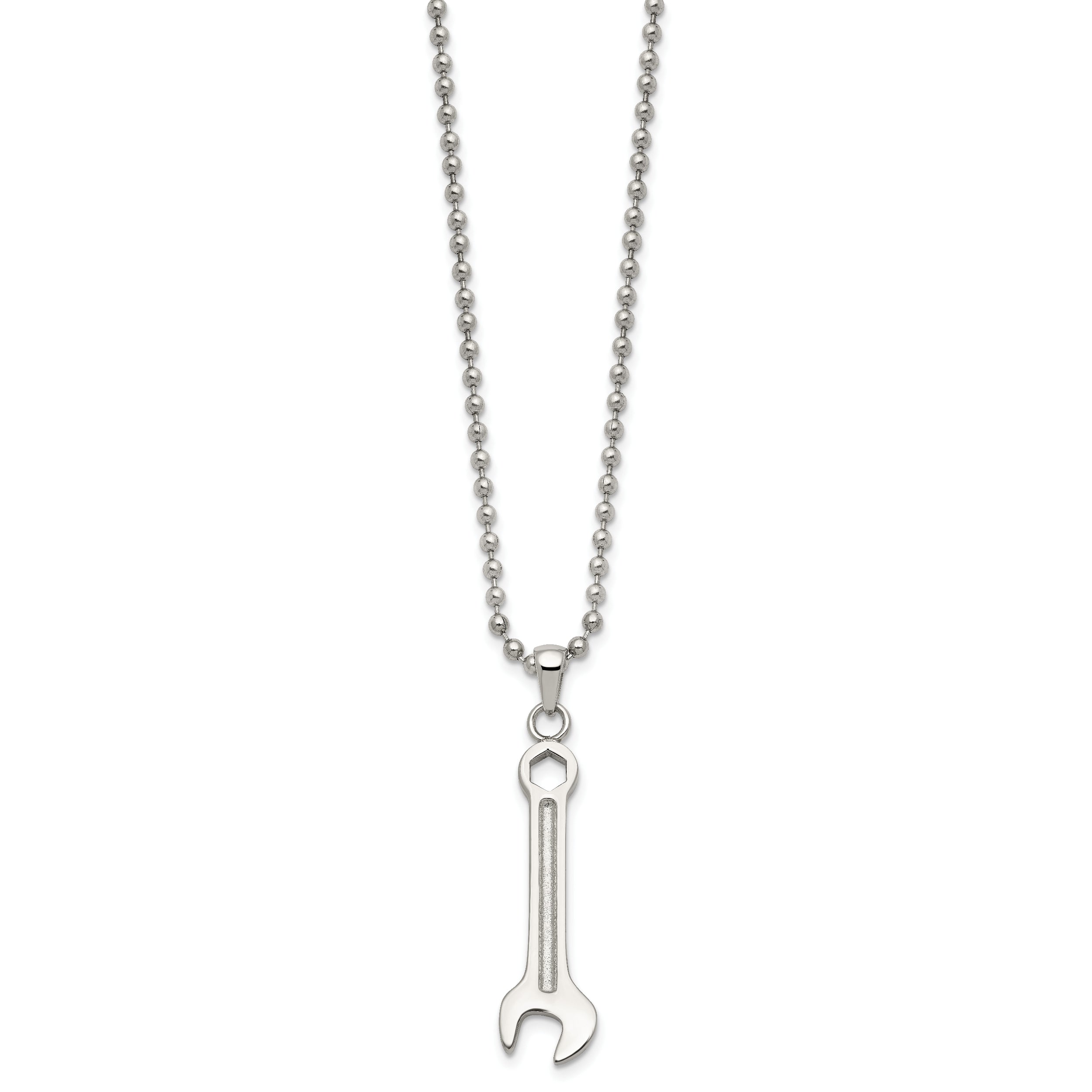 Chisel Stainless Steel Polished Wrench Pendant on a 24 inch Ball Chain Necklace