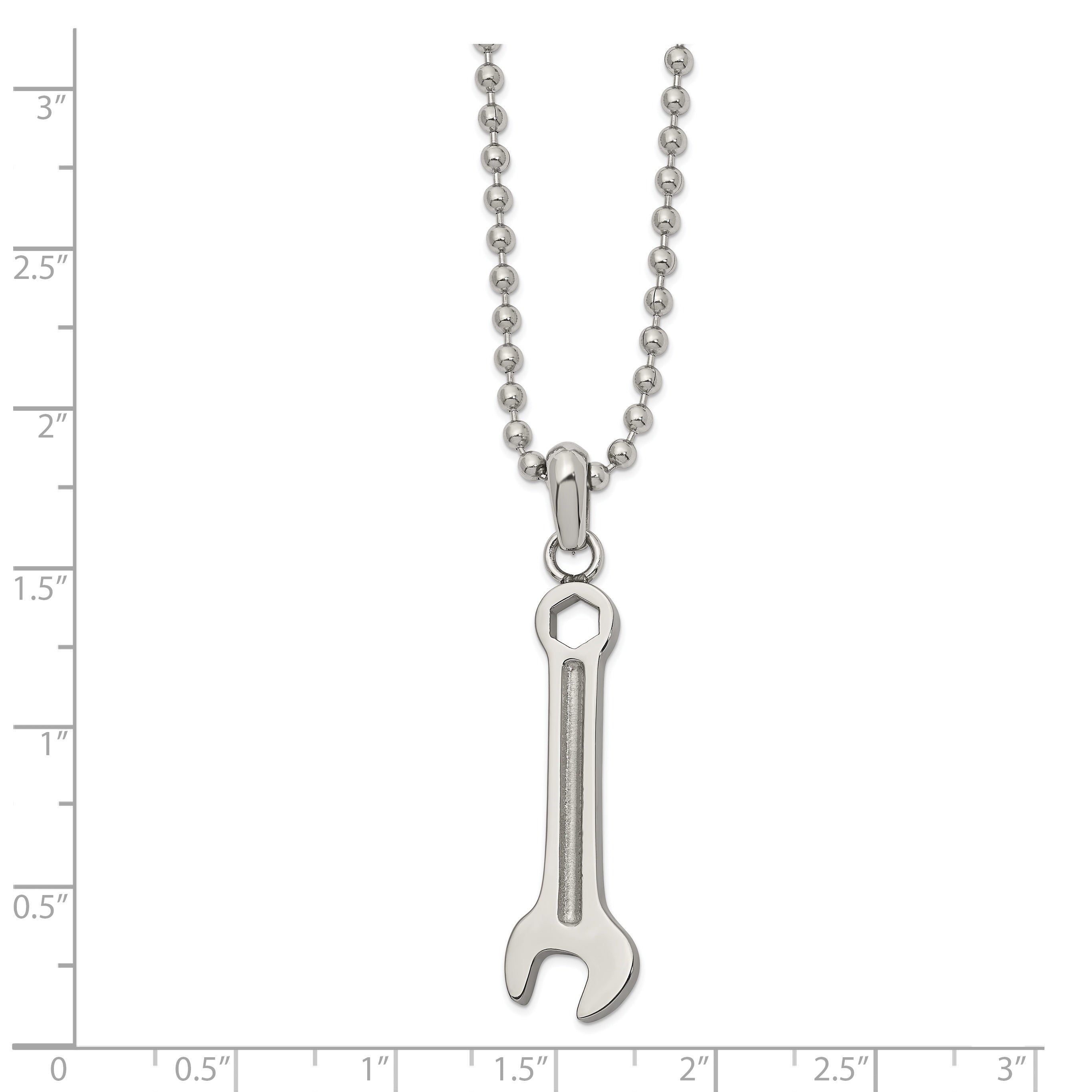 Chisel Stainless Steel Polished Wrench Pendant on a 24 inch Ball Chain Necklace