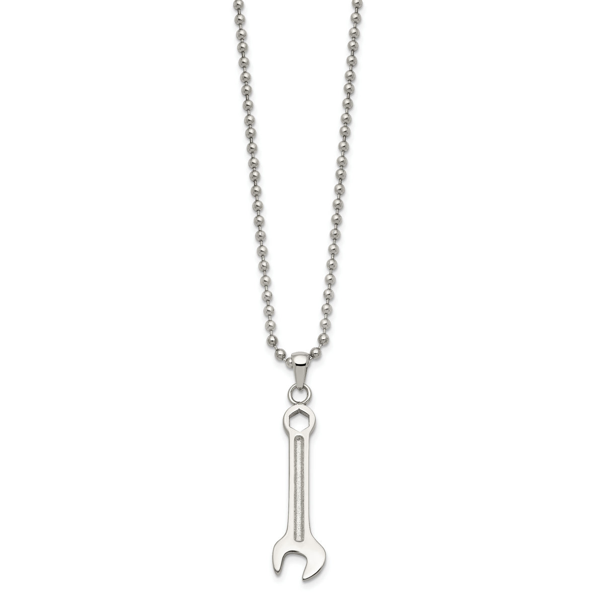 Chisel Stainless Steel Polished Wrench Pendant on a 24 inch Ball Chain Necklace