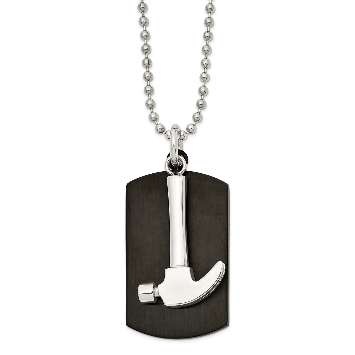 Chisel Stainless Steel Polished Black IP-plated Dog Tag with Hammer Pendant on a 24 inch Ball Chain Necklace