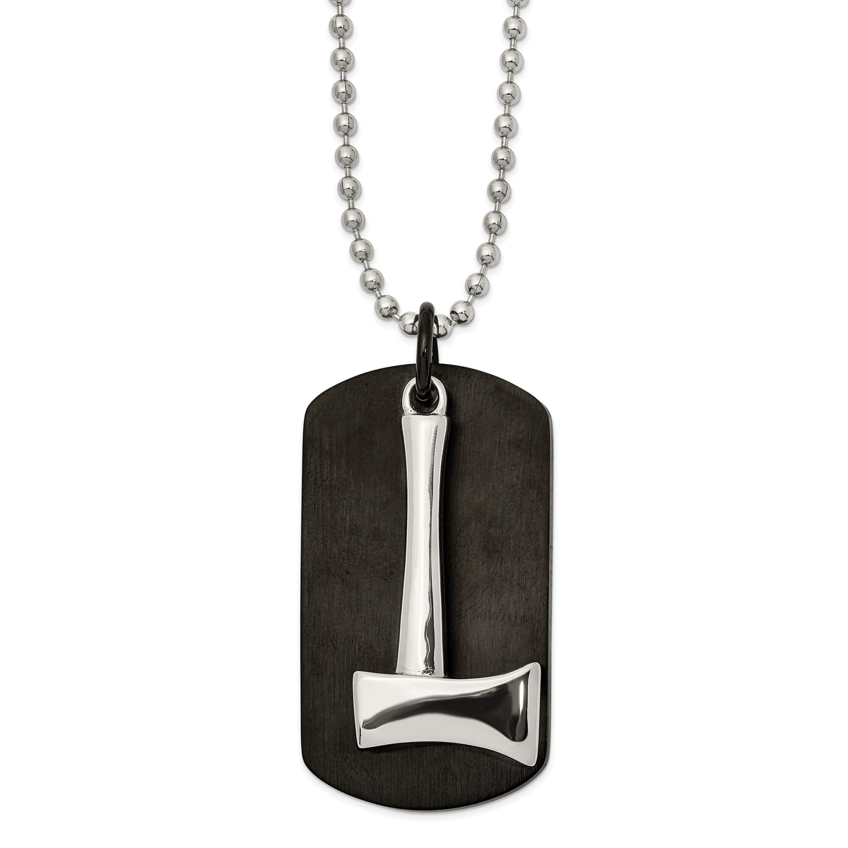 Chisel Stainless Steel Brushed and Polished Black IP-plated Dog Tag with Axe Pendant on a 24 inch Ball Chain Necklace