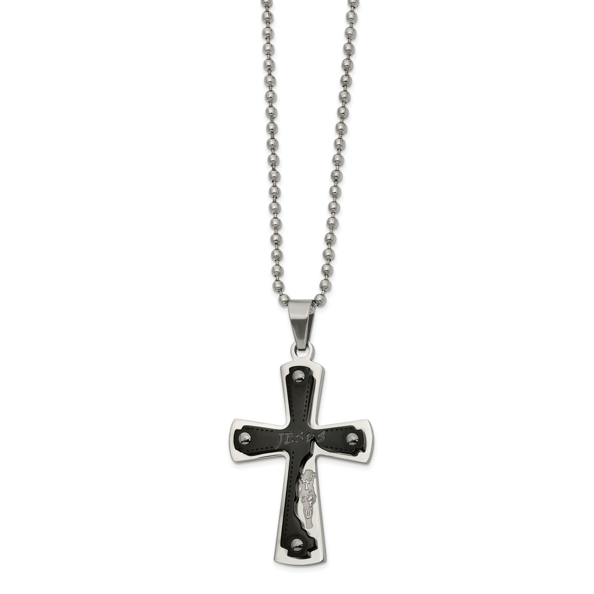 Stainless Steel Polished Black IP-plated Laser Cut JESUS Cross Necklace