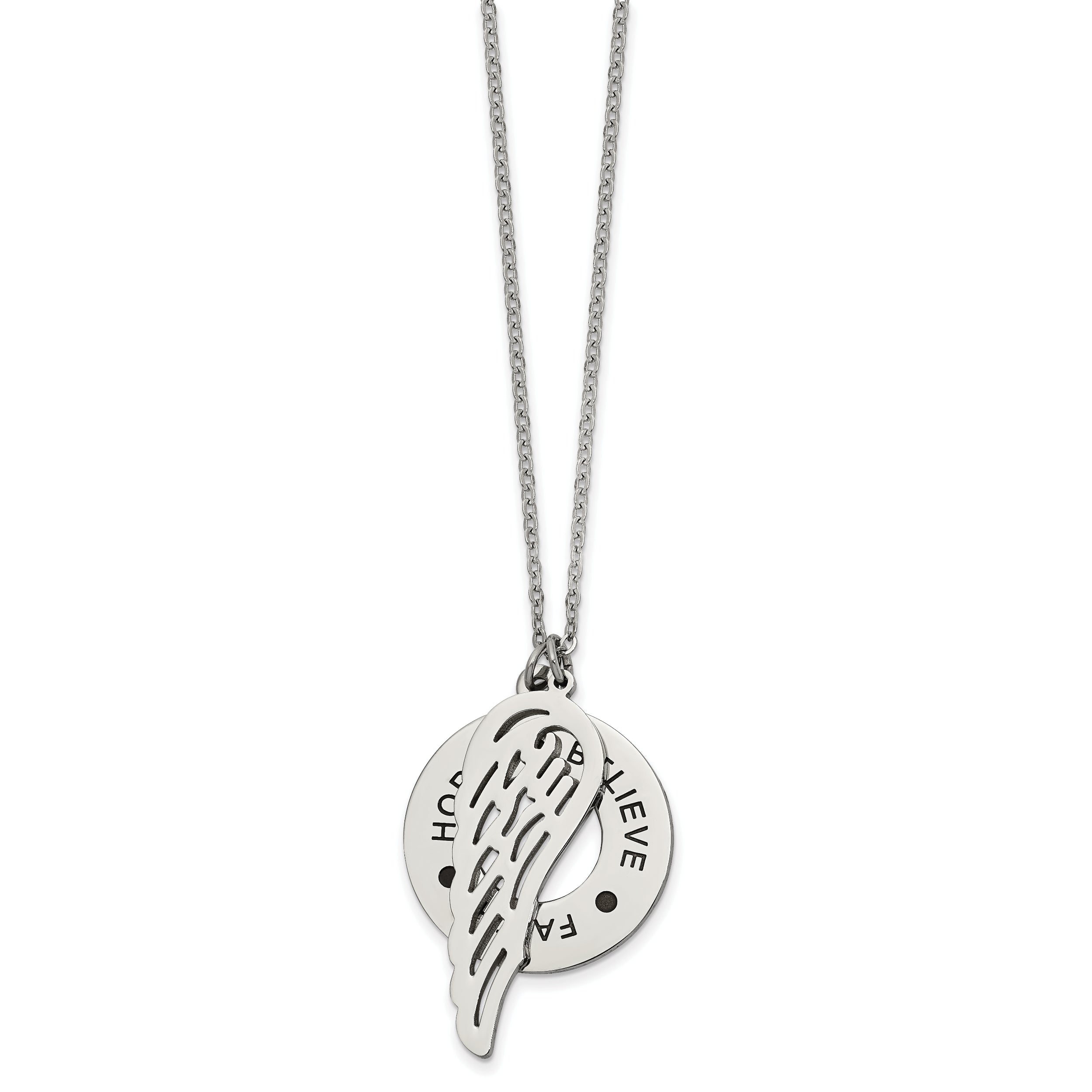 Chisel Stainless Steel Polished and Enameled FAITH HOPE BELIEVE Wing Pendan ton a 29 inch Cable Chain Necklace