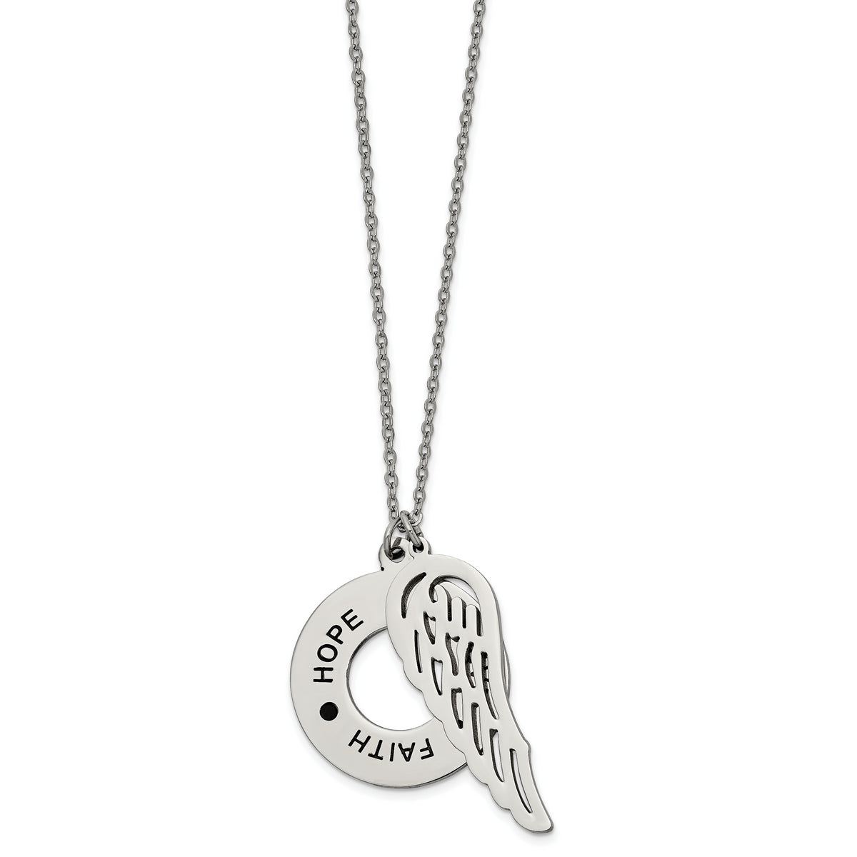 Chisel Stainless Steel Polished and Enameled FAITH HOPE BELIEVE Wing Pendan ton a 29 inch Cable Chain Necklace