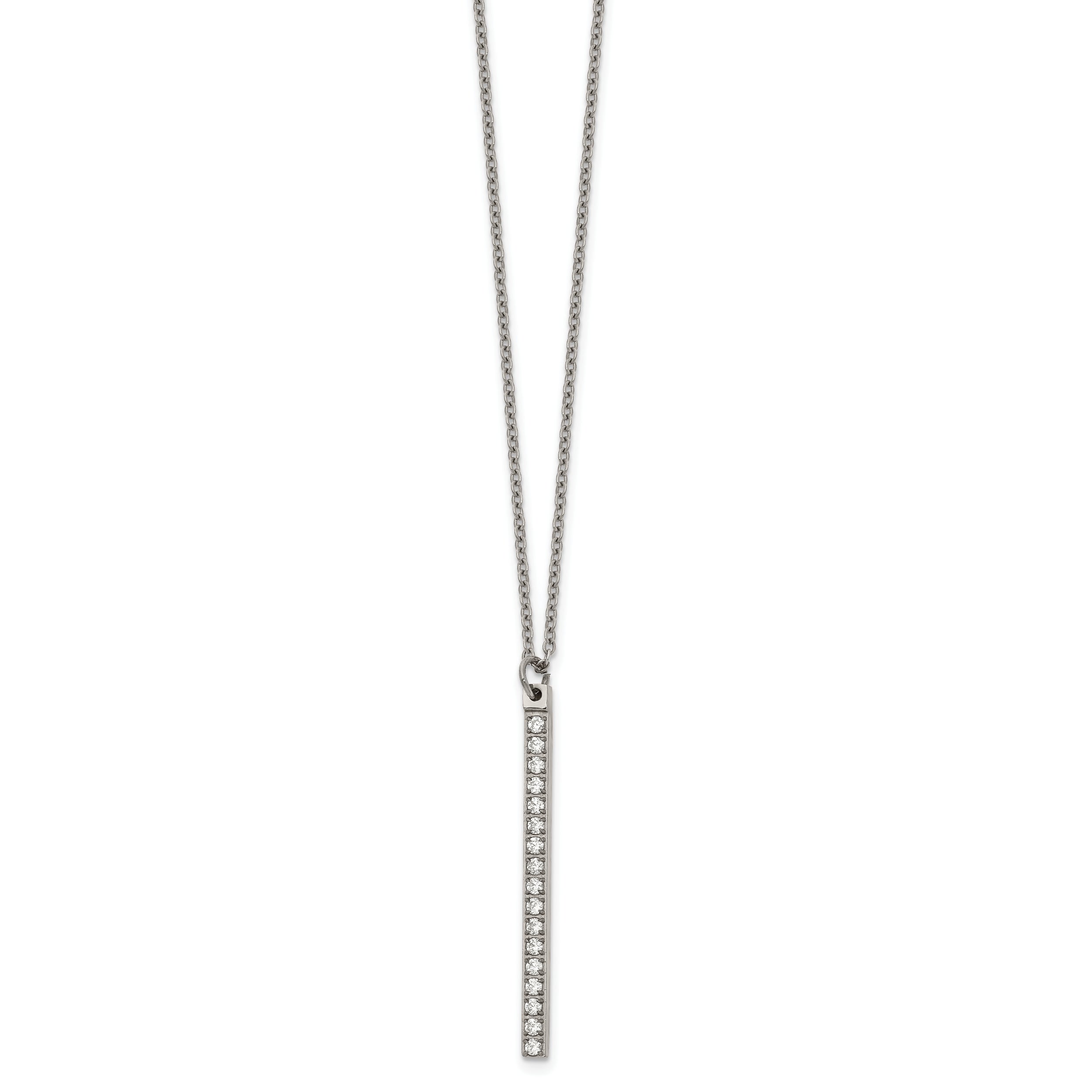 Chisel Stainless Steel Polished CZ Bar on a 16 inch Cable Chain Necklace