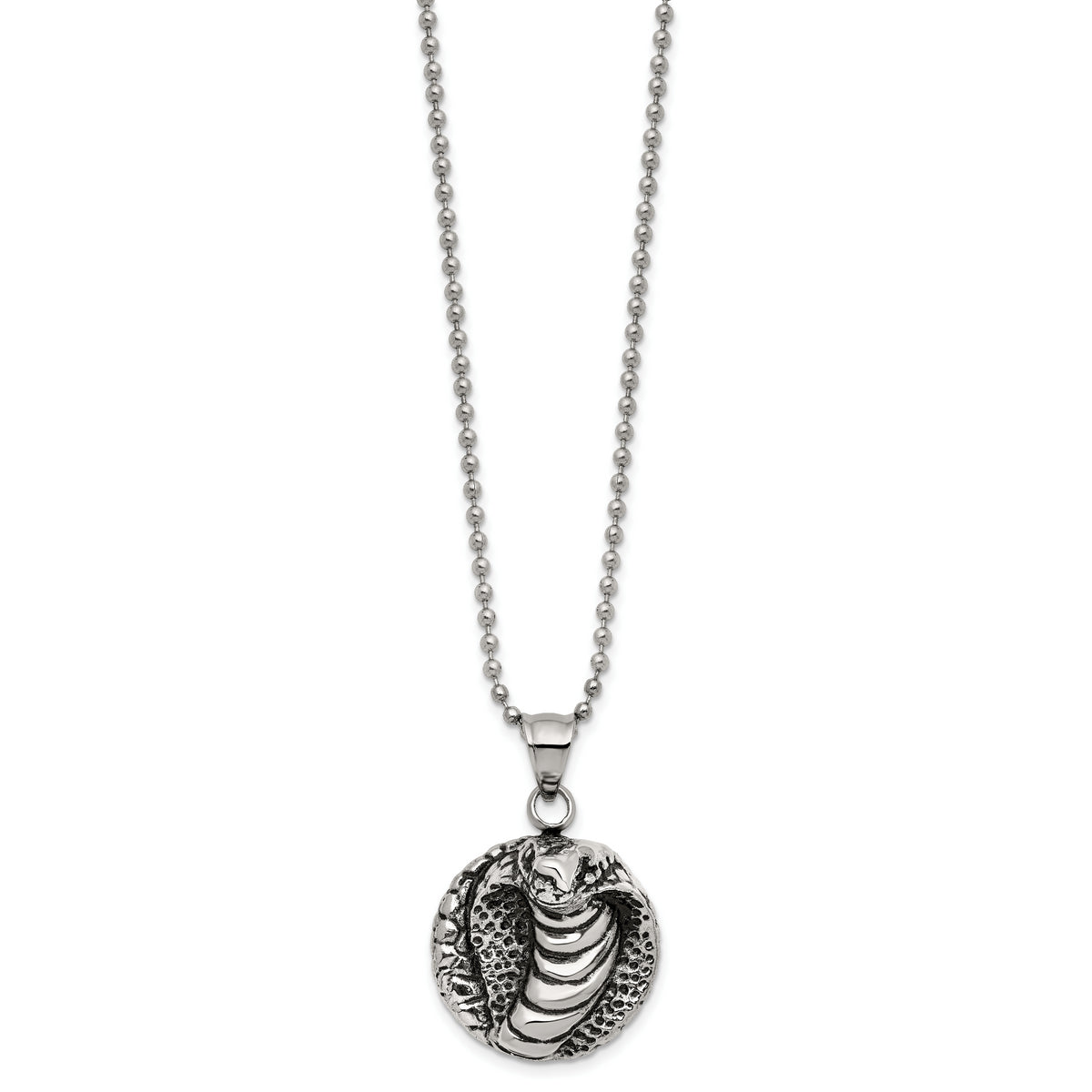 Chisel Stainless Steel Antiqued Polished and Textured Cobra Pendant on a 22 inch Ball Chain Necklace