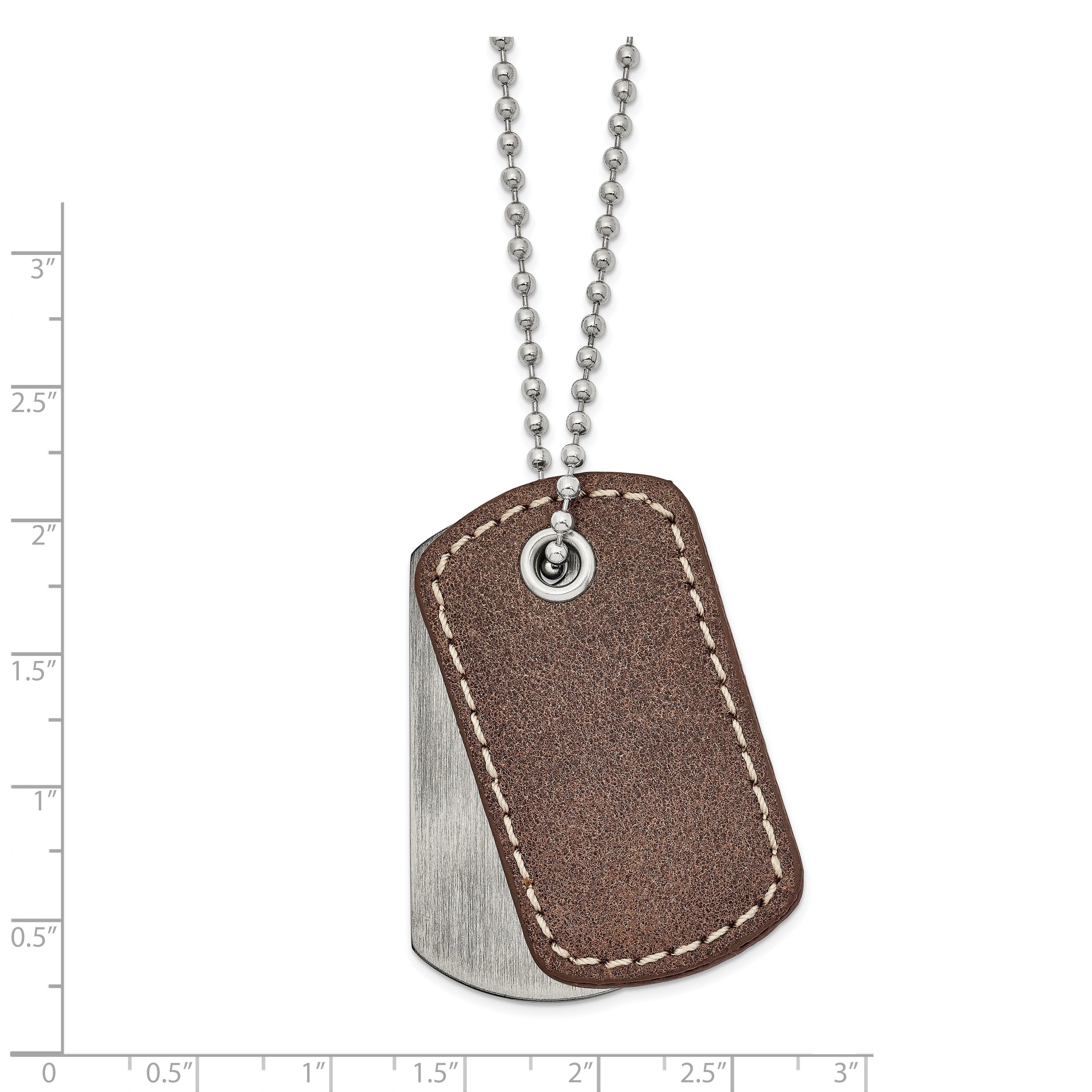 Chisel Stainless Steel Antiqued and Brushed with Brown Leather 2 Piece Dog Tags on a 22 inch Ball Chain Necklace