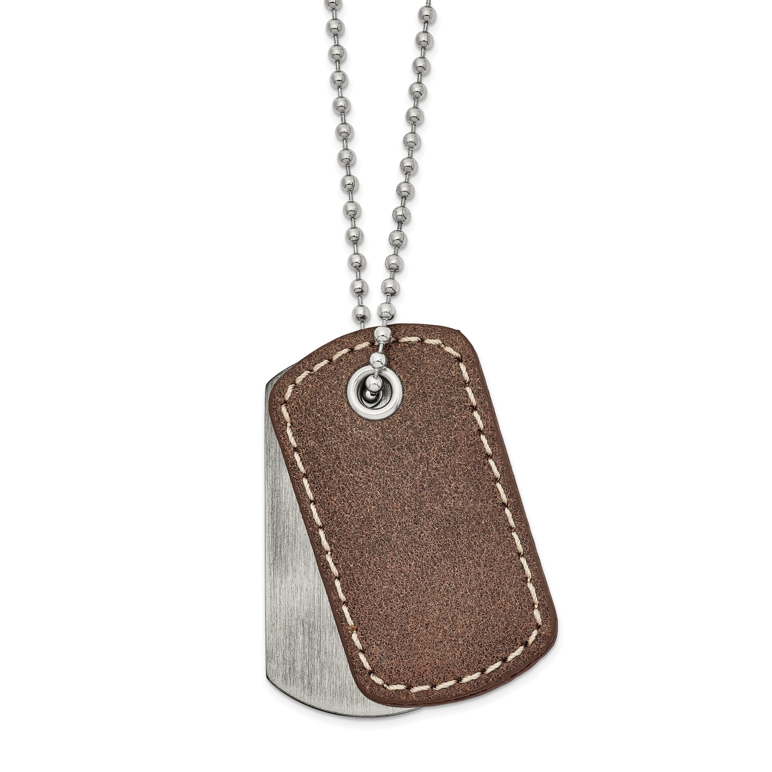 Chisel Stainless Steel Antiqued and Brushed with Brown Leather 2 Piece Dog Tags on a 22 inch Ball Chain Necklace