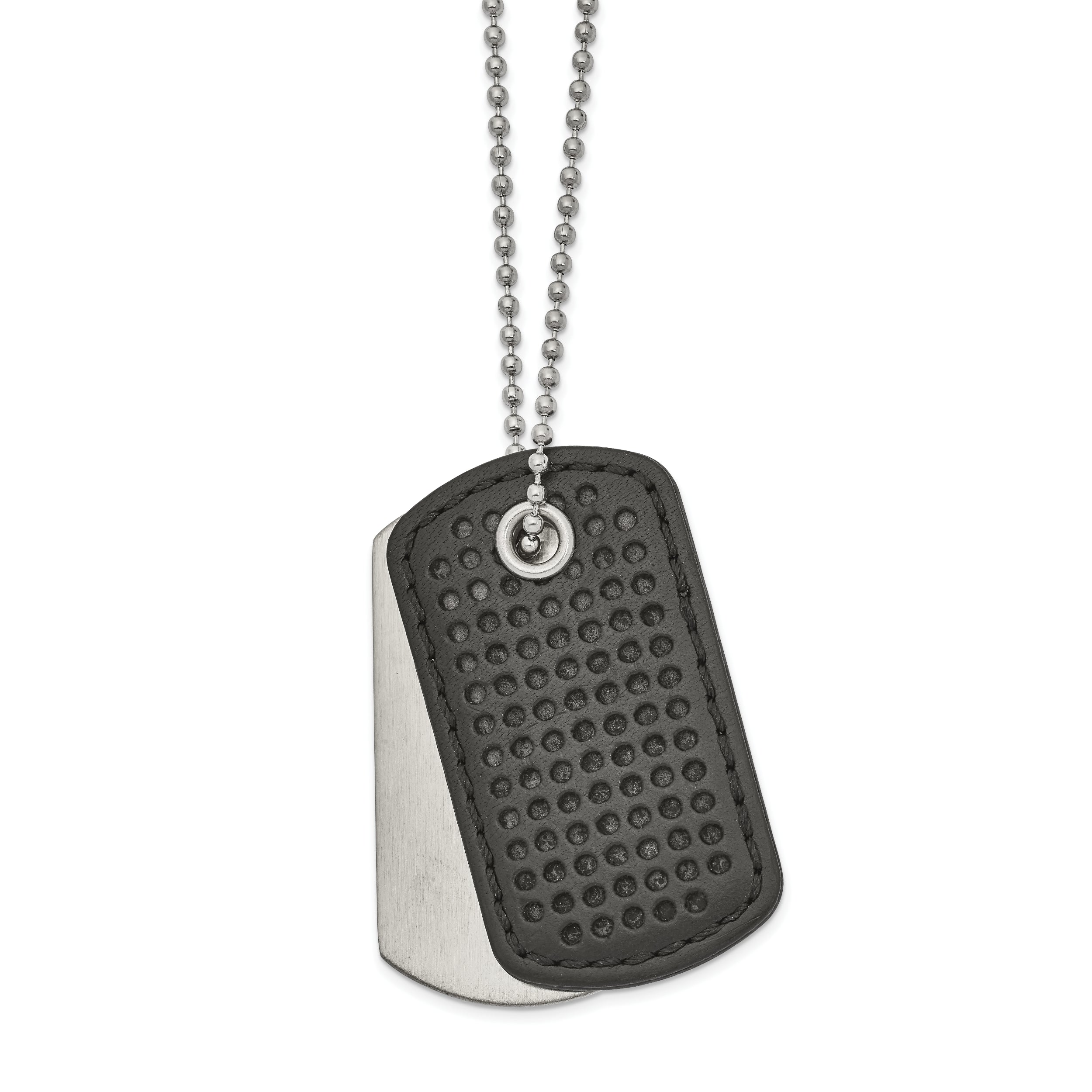 Chisel Stainless Steel Brushed Black Textured Leather 2 Piece Dog Tags on a 22 inch Ball Chain Necklace