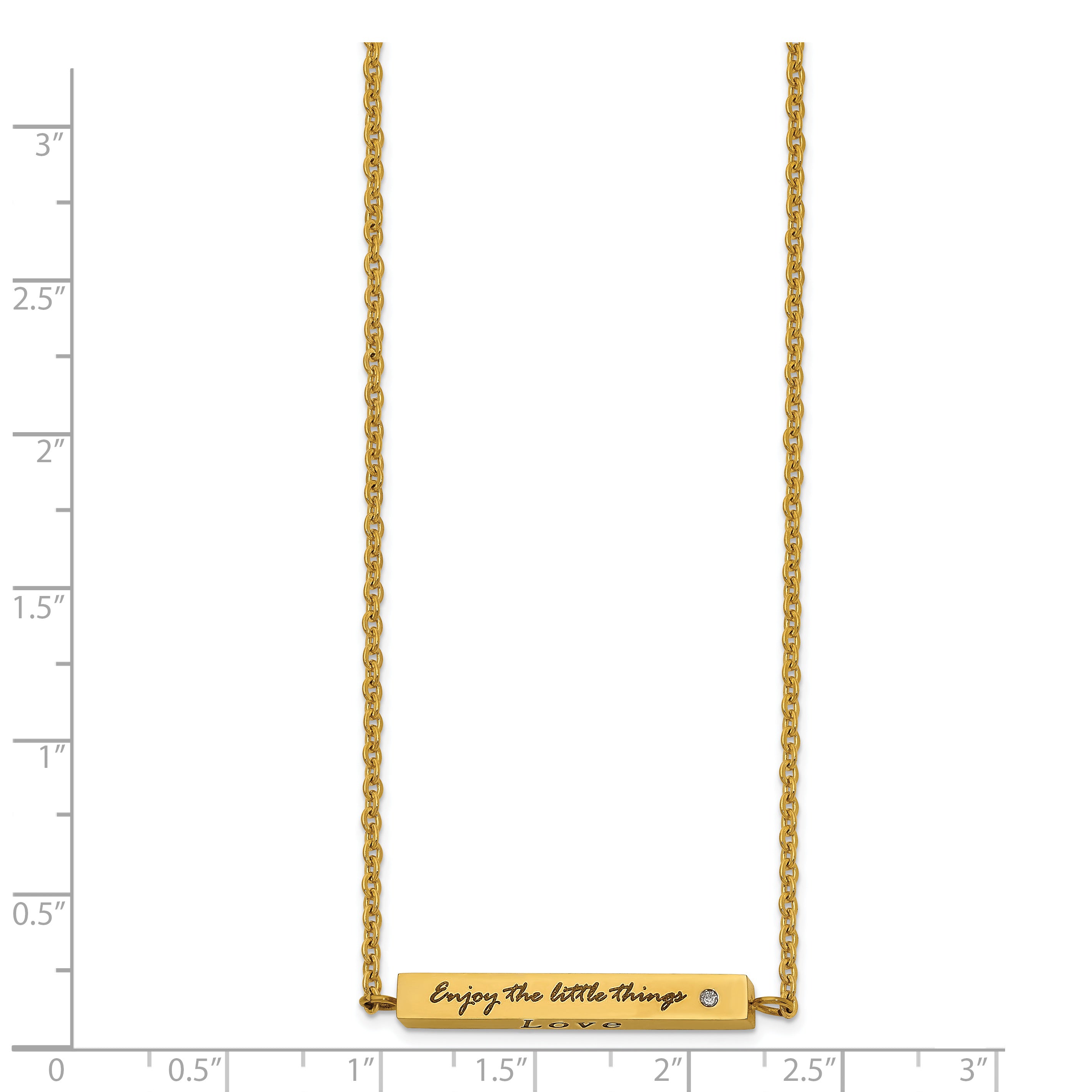 Chisel Stainless Steel Polished Yellow IP-plated Enameled with CZ ENJOY THE LITTLE THINGS Bar on a 16 inch Cable Chain with a 2 inch Extension Necklace