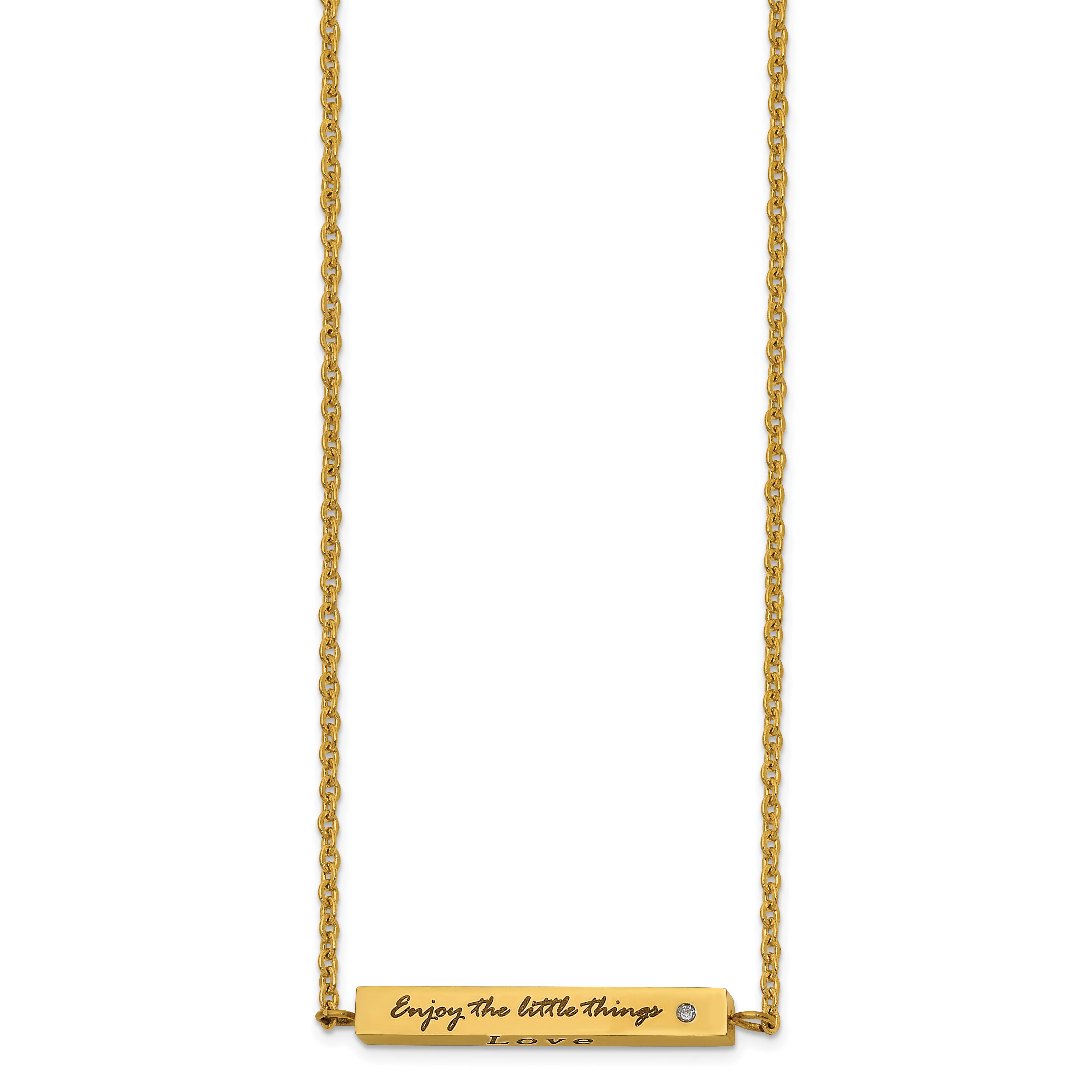 Chisel Stainless Steel Polished Yellow IP-plated Enameled with CZ ENJOY THE LITTLE THINGS Bar on a 16 inch Cable Chain with a 2 inch Extension Necklace