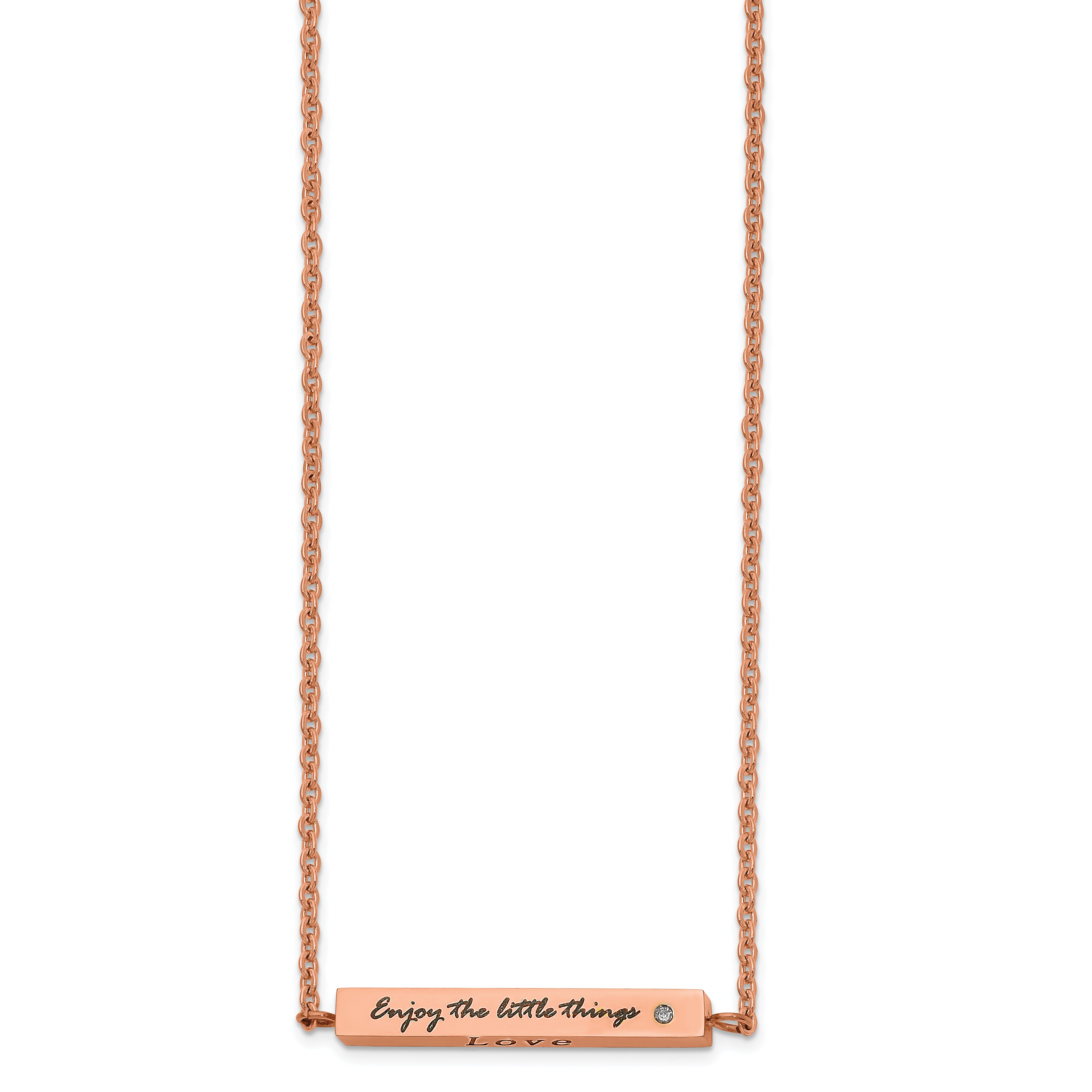 Chisel Stainless Steel Polished Rose IP-plated Enameled CZ ENJOY THE LITTLE THINGS Bar on a 16 inch Cable Chain with a 2 inch Extension Necklace