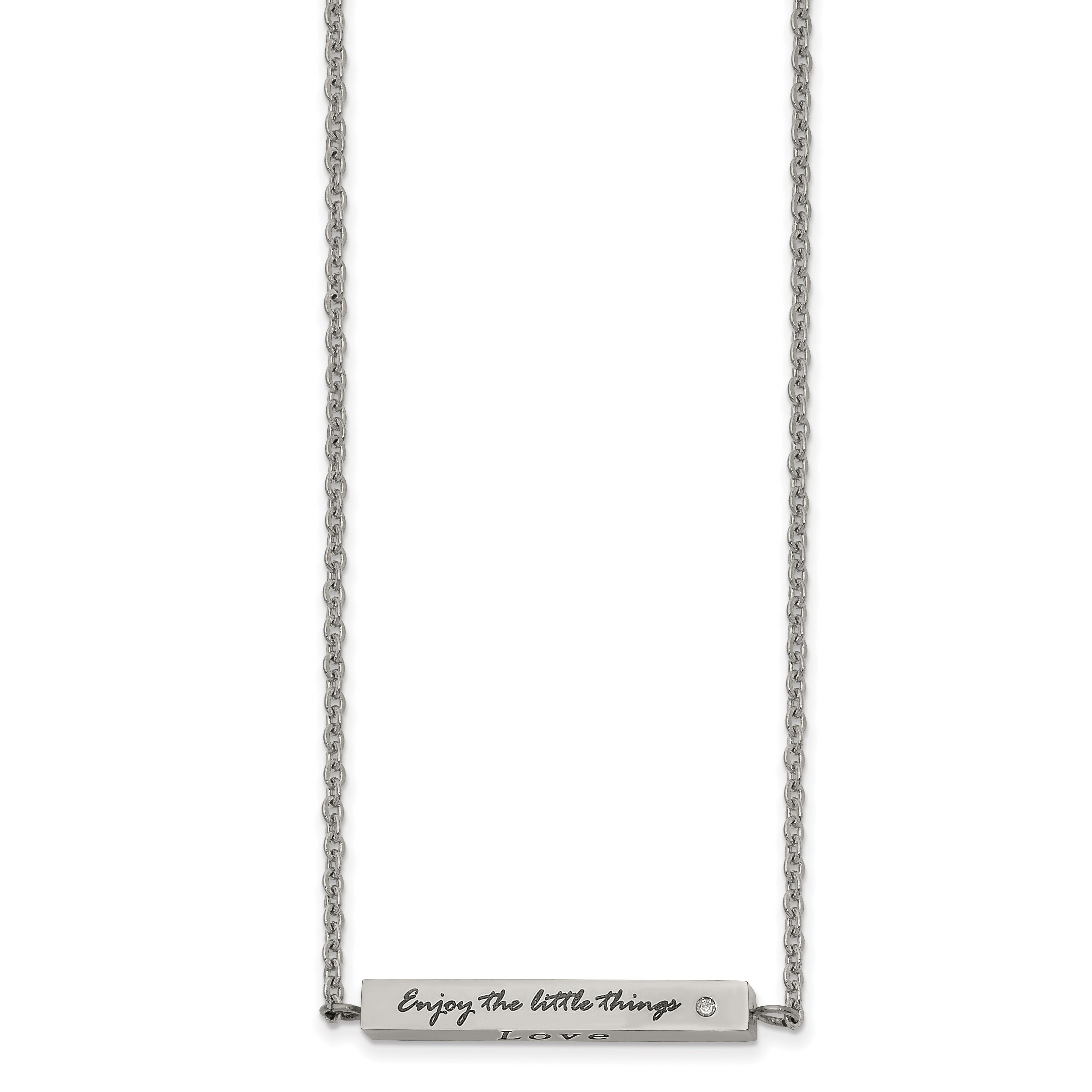 Chisel Stainless Steel Polished and Enameled with CZ ENJOY THE LITTLE THINGS Bar on a 16 inch Cable Chain with a 2 inch Extension Necklace