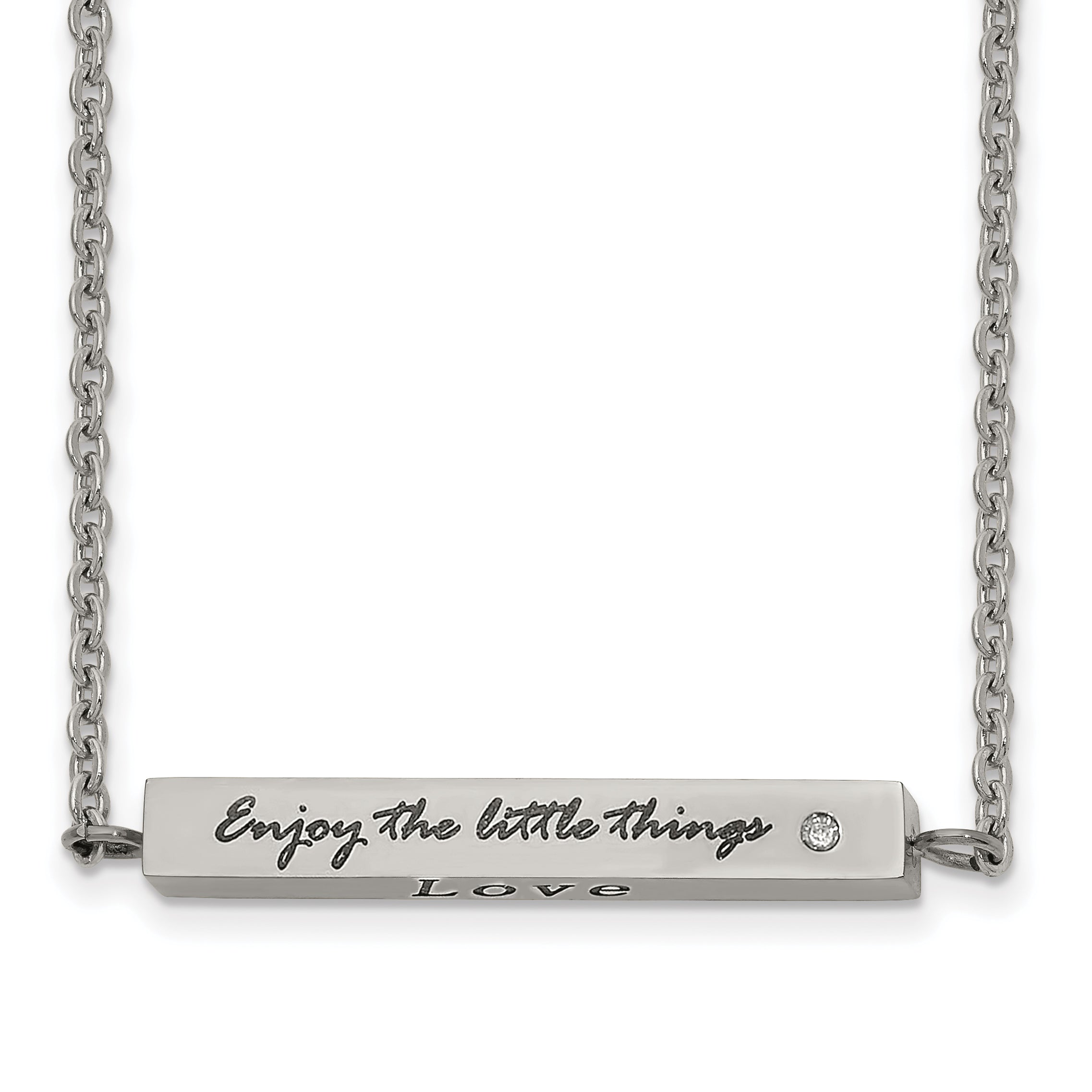 Chisel Stainless Steel Polished and Enameled with CZ ENJOY THE LITTLE THINGS Bar on a 16 inch Cable Chain with a 2 inch Extension Necklace