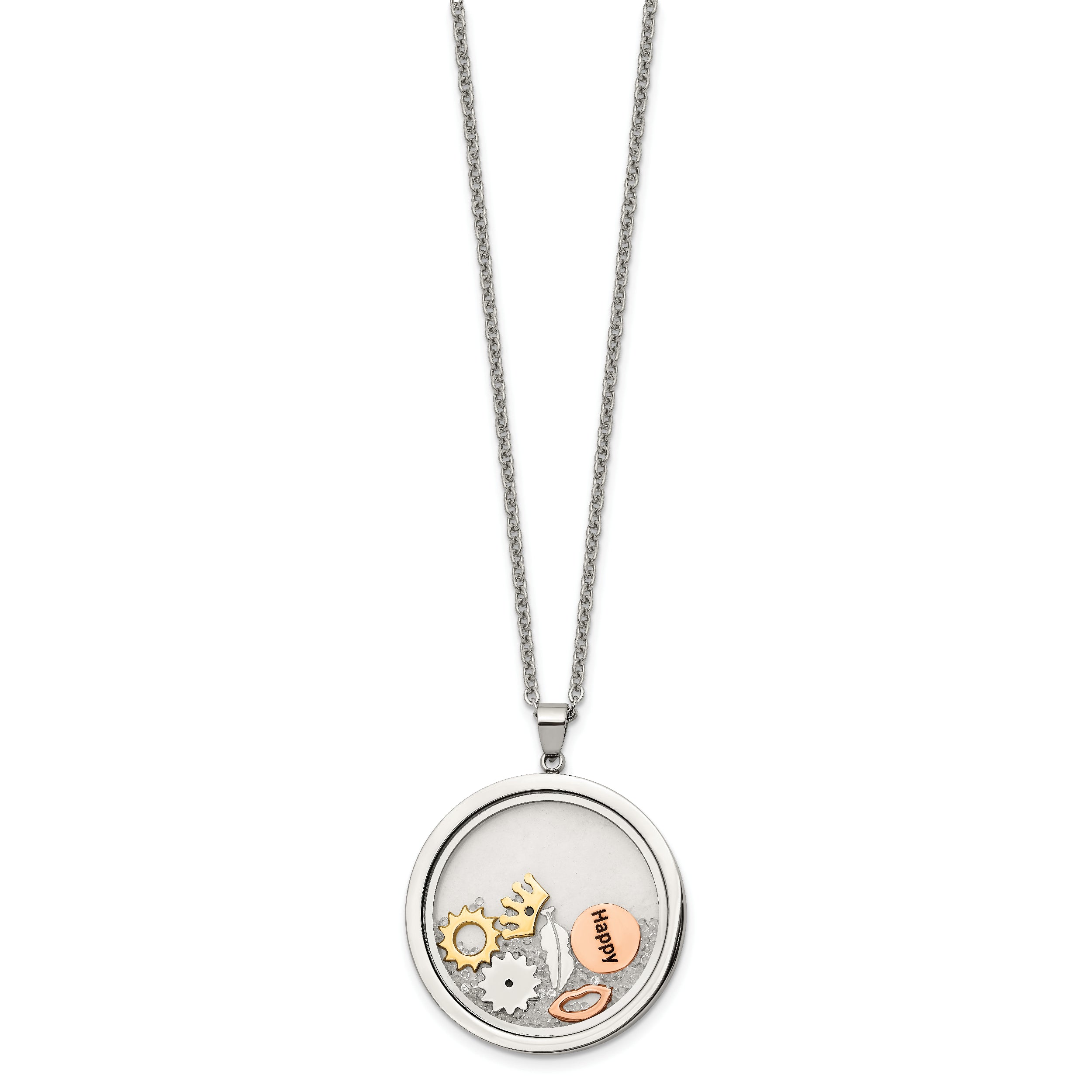 Stainless Steel Rose & Yellow IP w/Crystal Happy Charms 2in ext Necklace