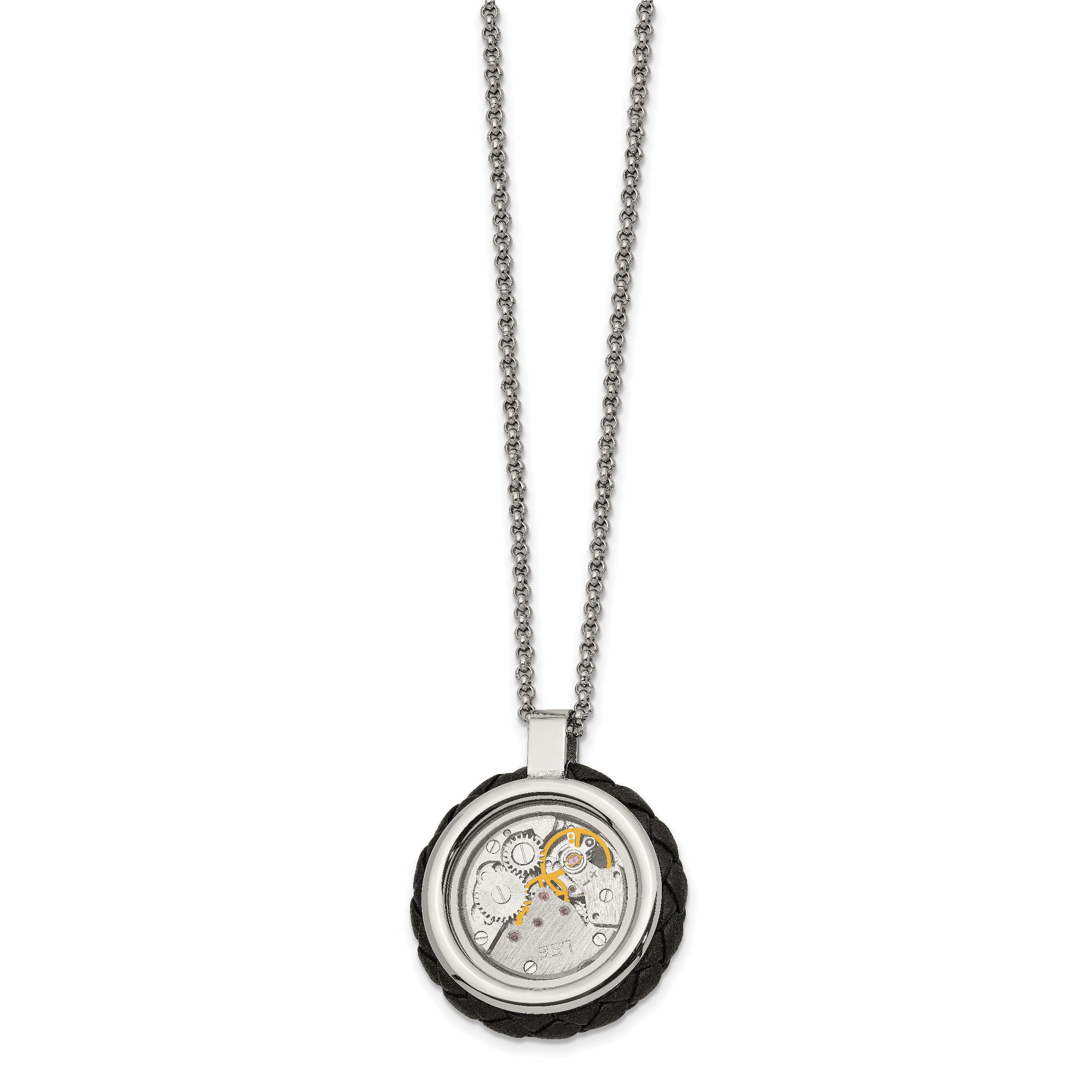 Chisel Stainless Steel Brushed and Polished Yellow IP-plated with CZ and Leather Edge Pendant on a 22 inch Cable Chain Necklace