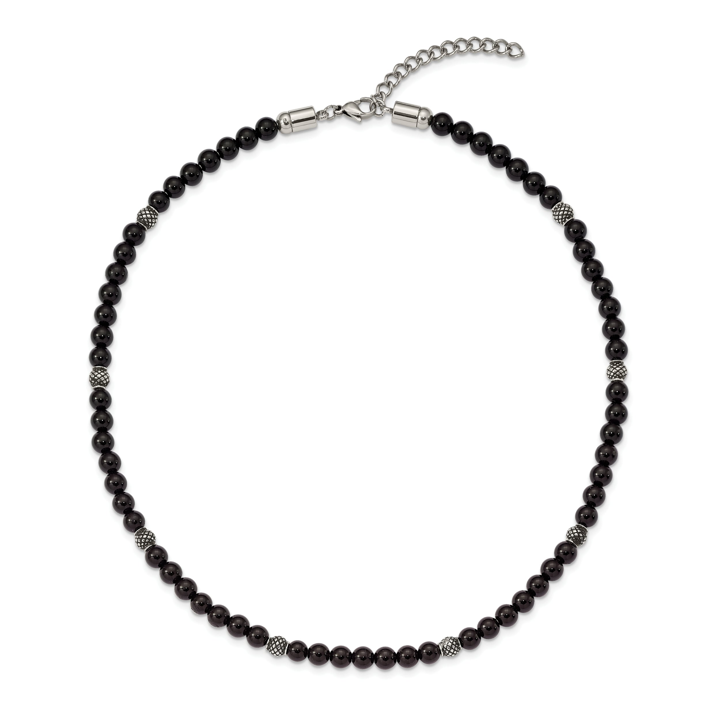 Chisel Stainless Steel Antiqued and Polished Black Agate Beaded 18.5 inch Necklace with 2 inch extension