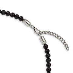 Chisel Stainless Steel Antiqued and Polished Black Agate Beaded 18.5 inch Necklace with 2 inch extension