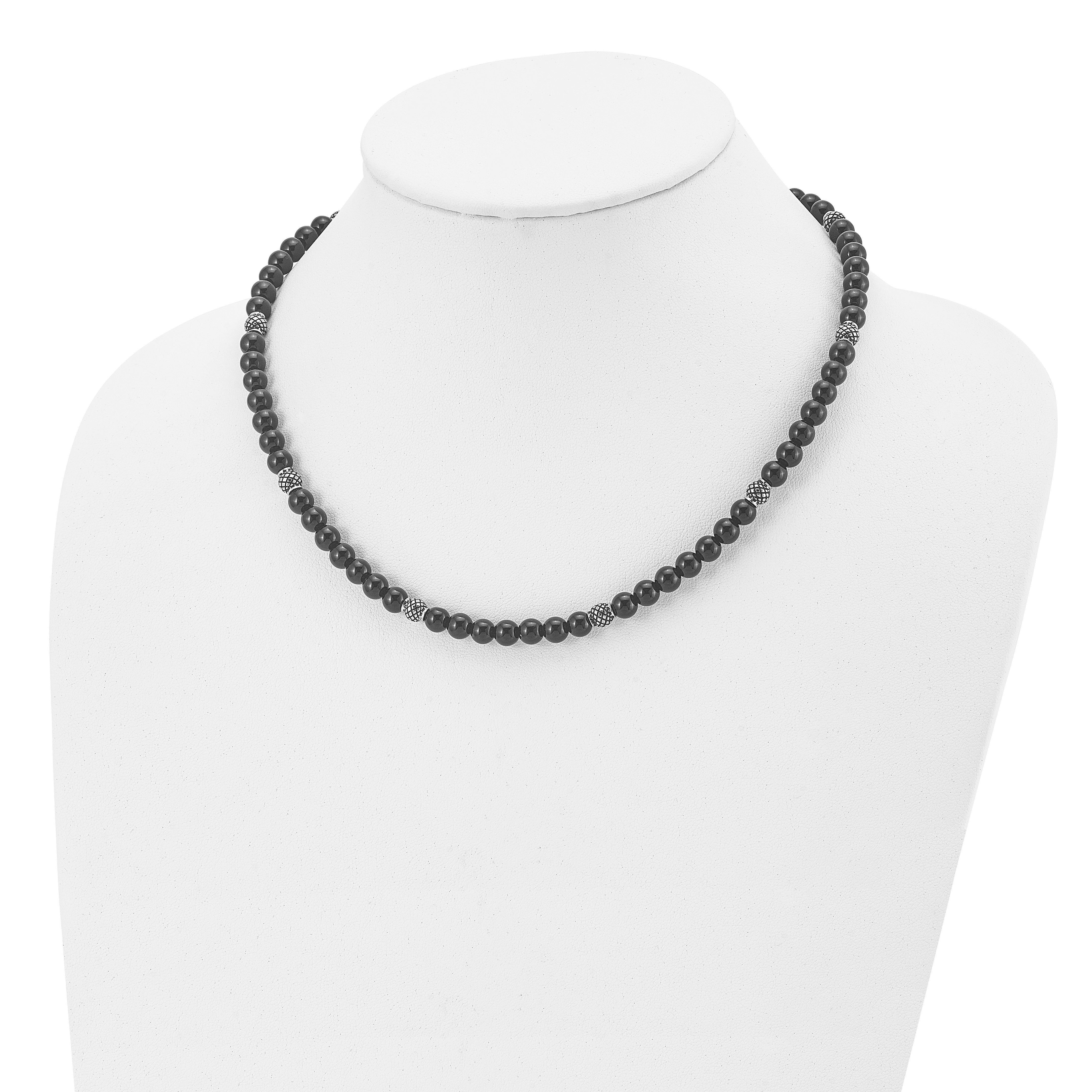 Chisel Stainless Steel Antiqued and Polished Black Agate Beaded 18.5 inch Necklace with 2 inch extension