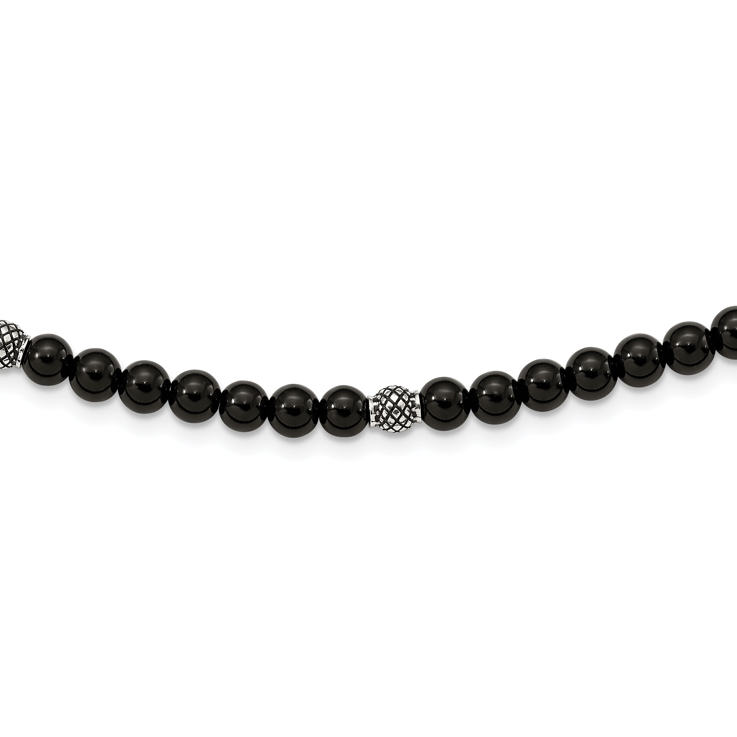 Chisel Stainless Steel Antiqued and Polished Black Agate Beaded 18.5 inch Necklace with 2 inch extension