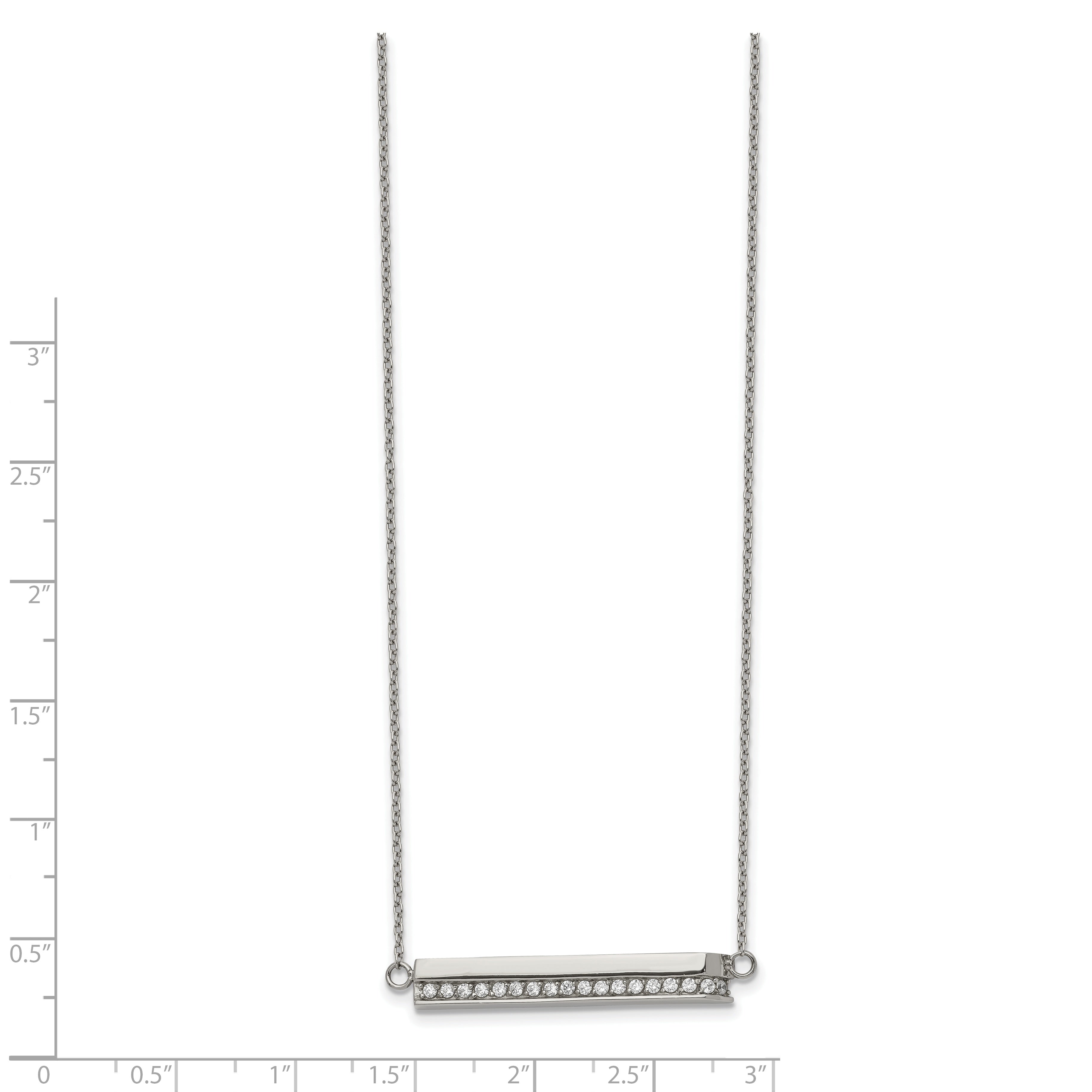 Chisel Stainless Steel Polished with CZ Bar on a 18 inch Cable Chain with a 1 inch Extension Necklace