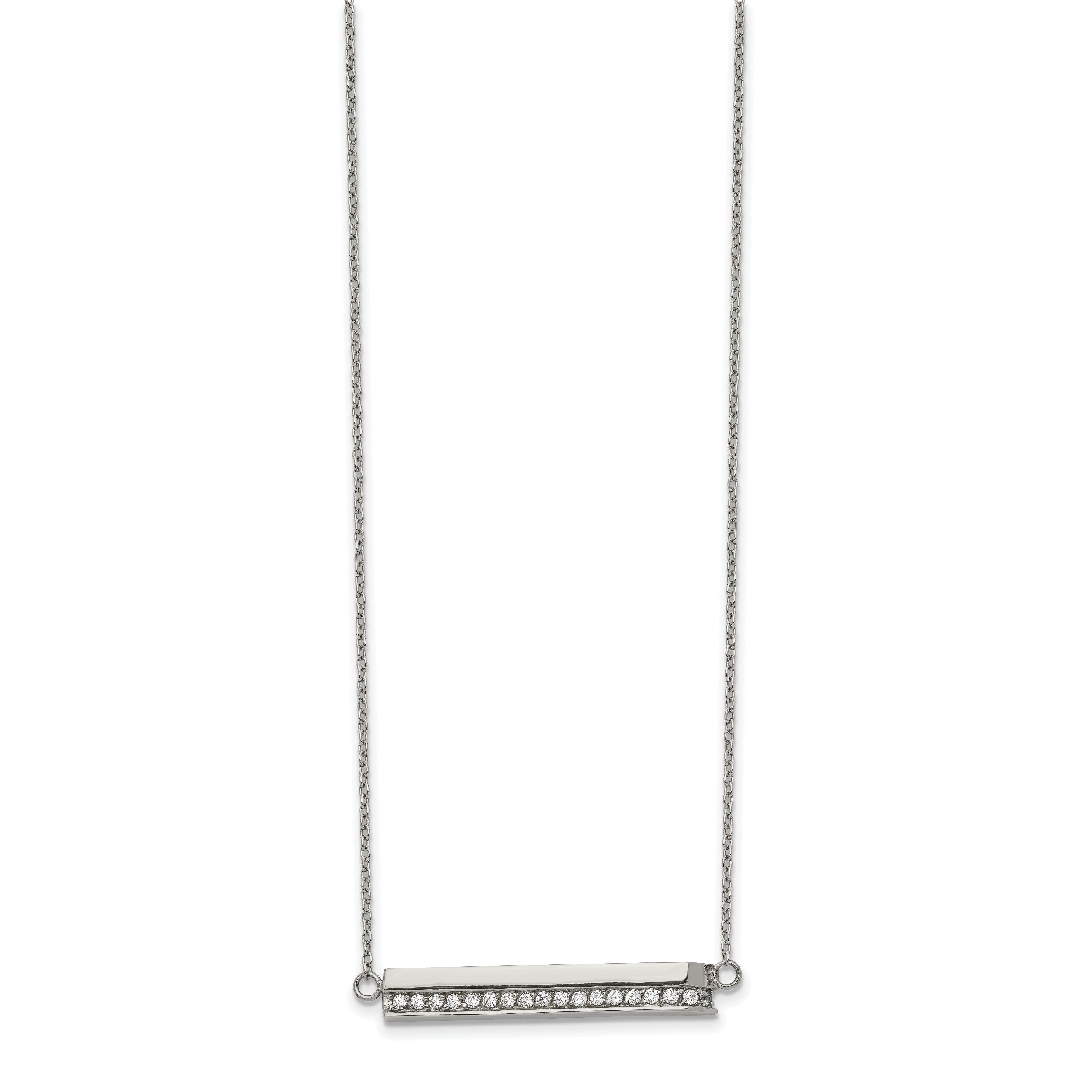 Chisel Stainless Steel Polished with CZ Bar on a 18 inch Cable Chain with a 1 inch Extension Necklace