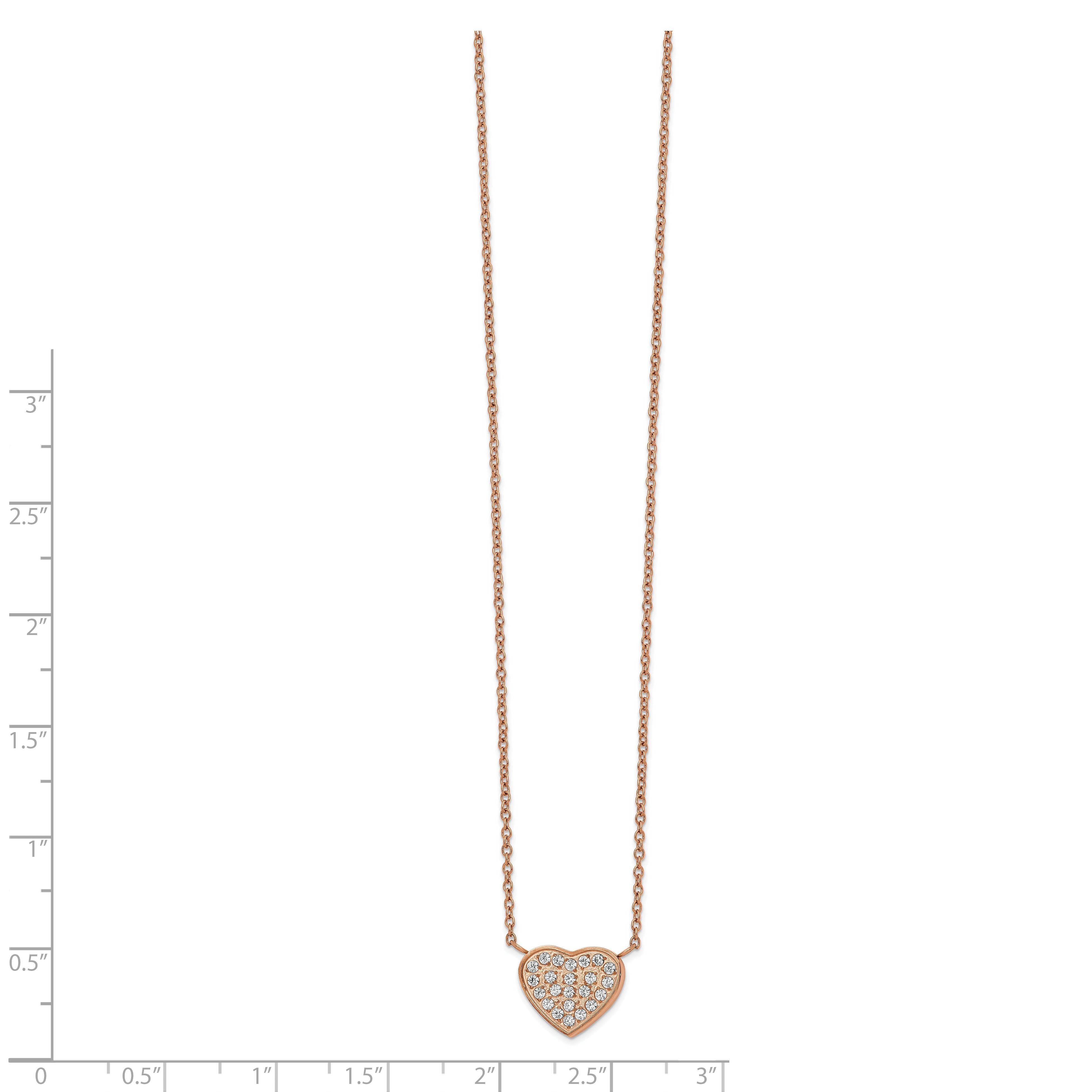 Chisel Stainless Steel Polished Rose IP-plated CZ Heart on a 17.25 inch Cable Chain with a 1 inch Extension Necklace