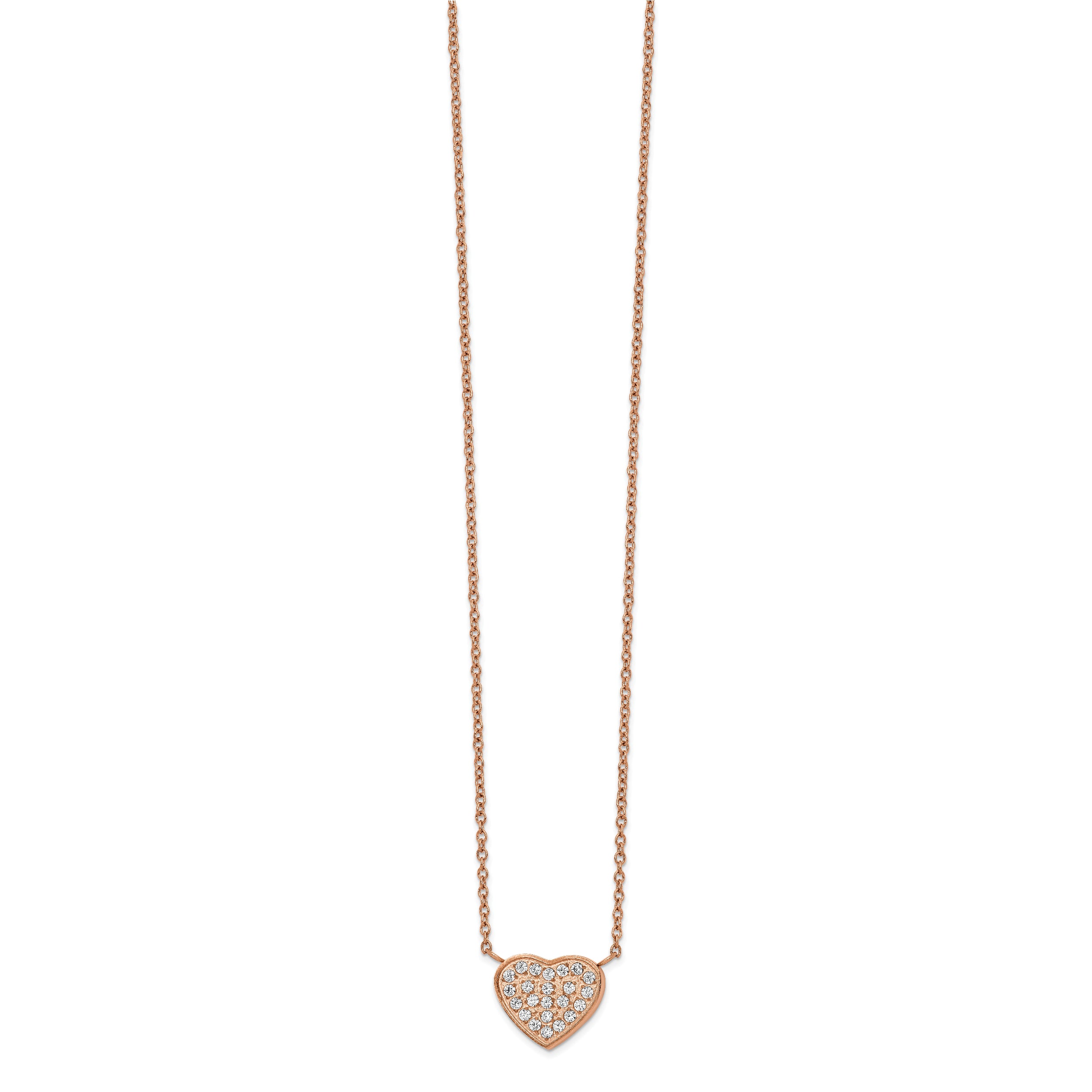 Chisel Stainless Steel Polished Rose IP-plated CZ Heart on a 17.25 inch Cable Chain with a 1 inch Extension Necklace