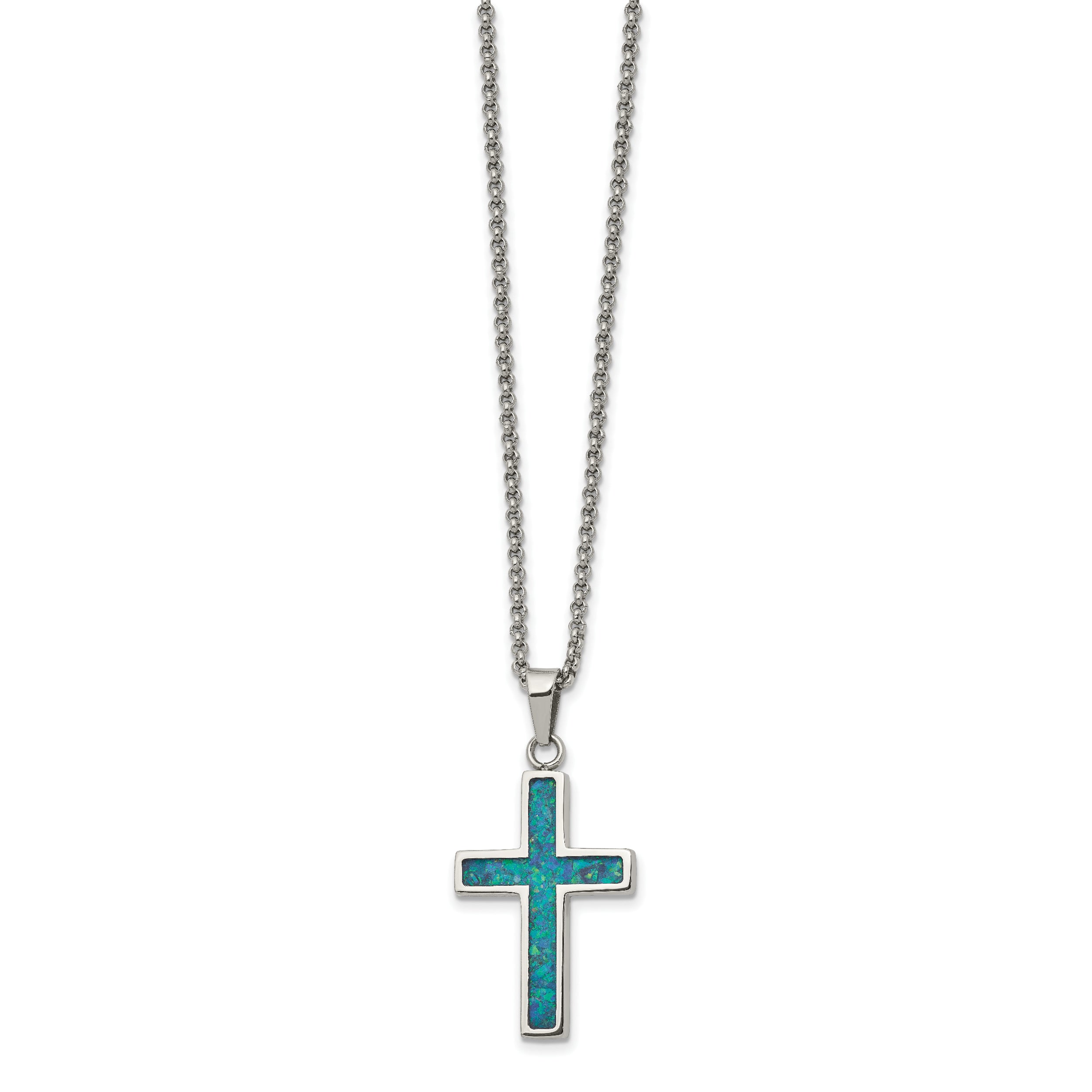 Chisel Stainless Steel Polished with Imitation Opal Small Cross Pendant on a 22 inch Rolo Chain Necklace