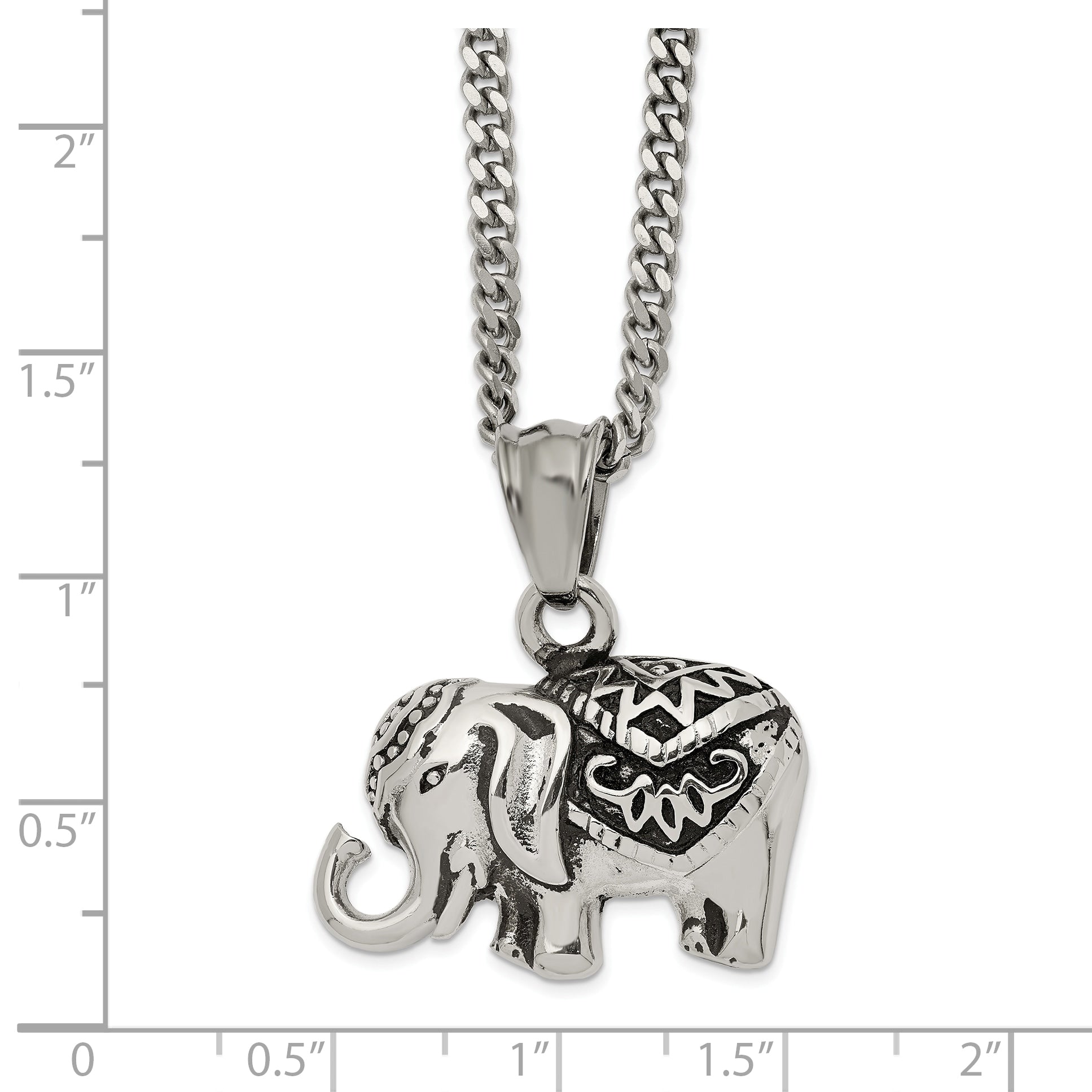 Chisel Stainless Steel Antiqued and Polished Elephant Pendant on a 20 inch Curb Chain Necklace