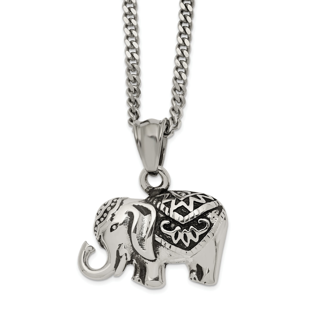 Chisel Stainless Steel Antiqued and Polished Elephant Pendant on a 20 inch Curb Chain Necklace