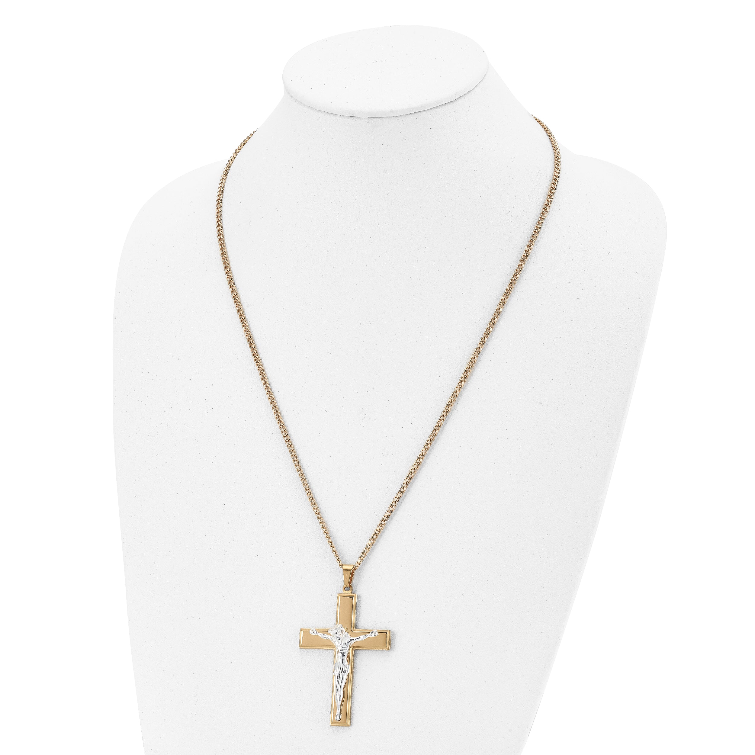 Chisel Stainless Steel Polished Yellow IP-plated Crucifix Pendant on a 24 inch Curb Chain Necklace