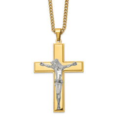 Chisel Stainless Steel Polished Yellow IP-plated Crucifix Pendant on a 24 inch Curb Chain Necklace