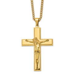 Chisel Stainless Steel Polished Yellow IP-plated Crucifix Pendant on a 24 inch Curb Chain Necklace