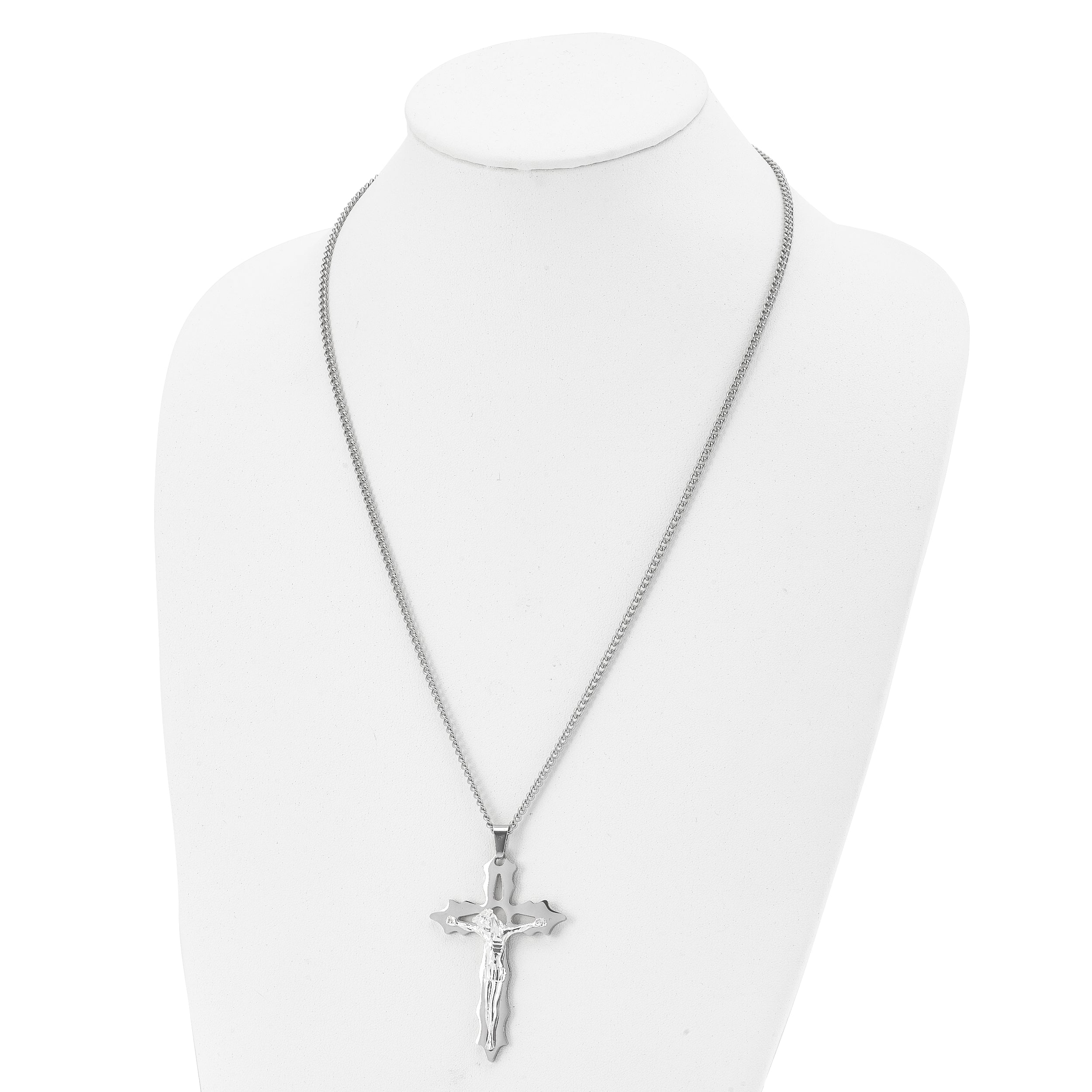 Chisel Stainless Steel Polished Cutout Crucifix Pendant on a 24 inch Curb Chain Necklace