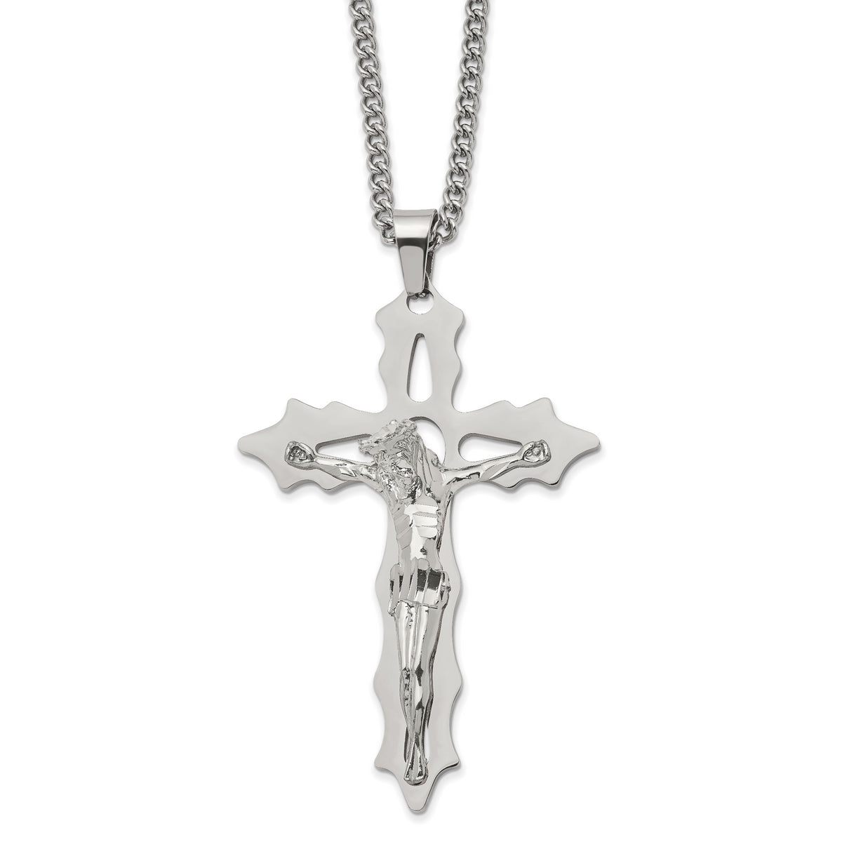 Chisel Stainless Steel Polished Cutout Crucifix Pendant on a 24 inch Curb Chain Necklace