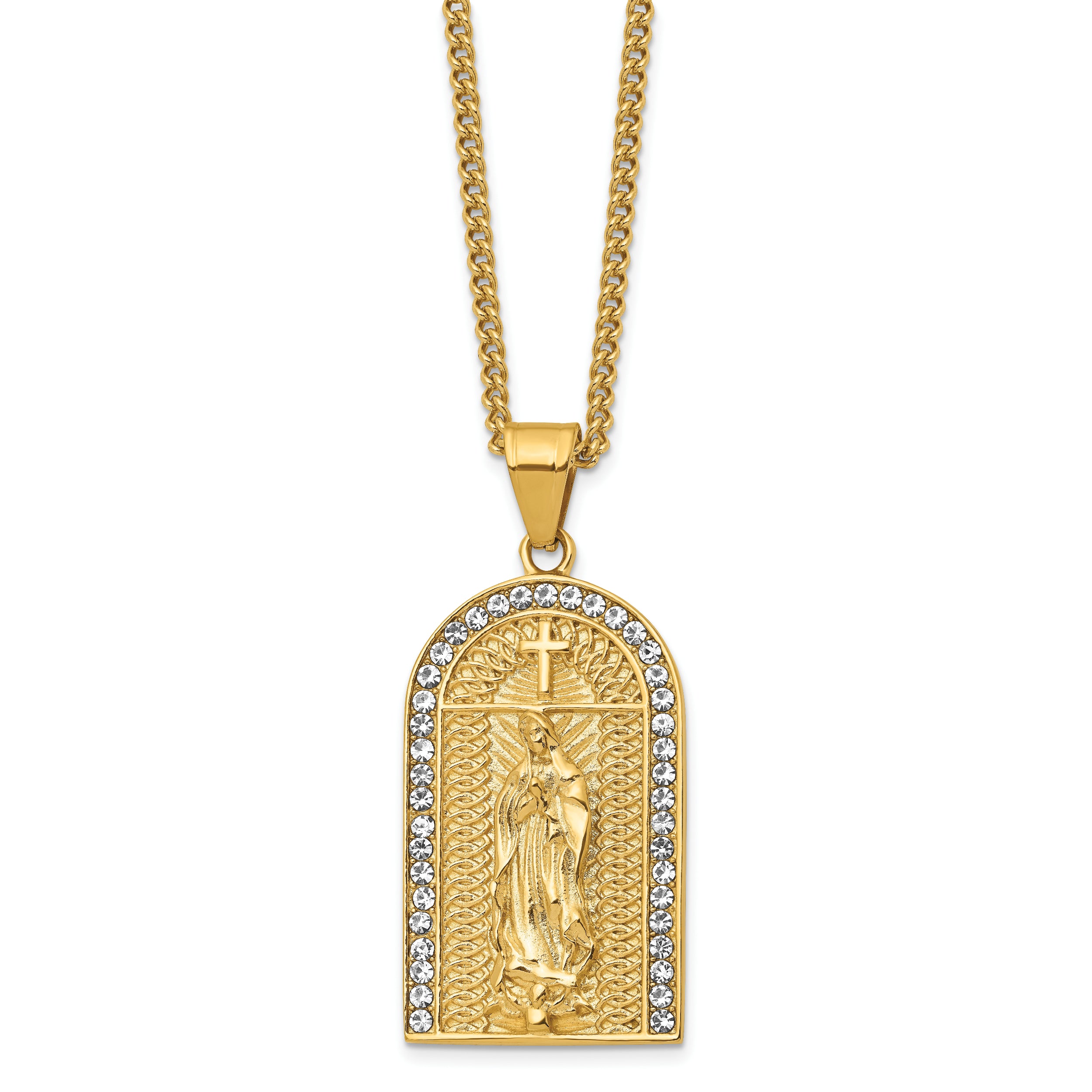 Chisel Stainless Steel Polished Yellow IP-plated with Crystal Blessed Mary Pendant on a 24 inch Curb Chain Necklace