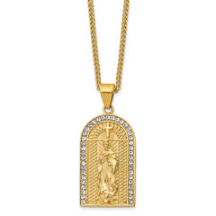 Chisel Stainless Steel Polished Yellow IP-plated with Crystal Blessed Mary Pendant on a 24 inch Curb Chain Necklace