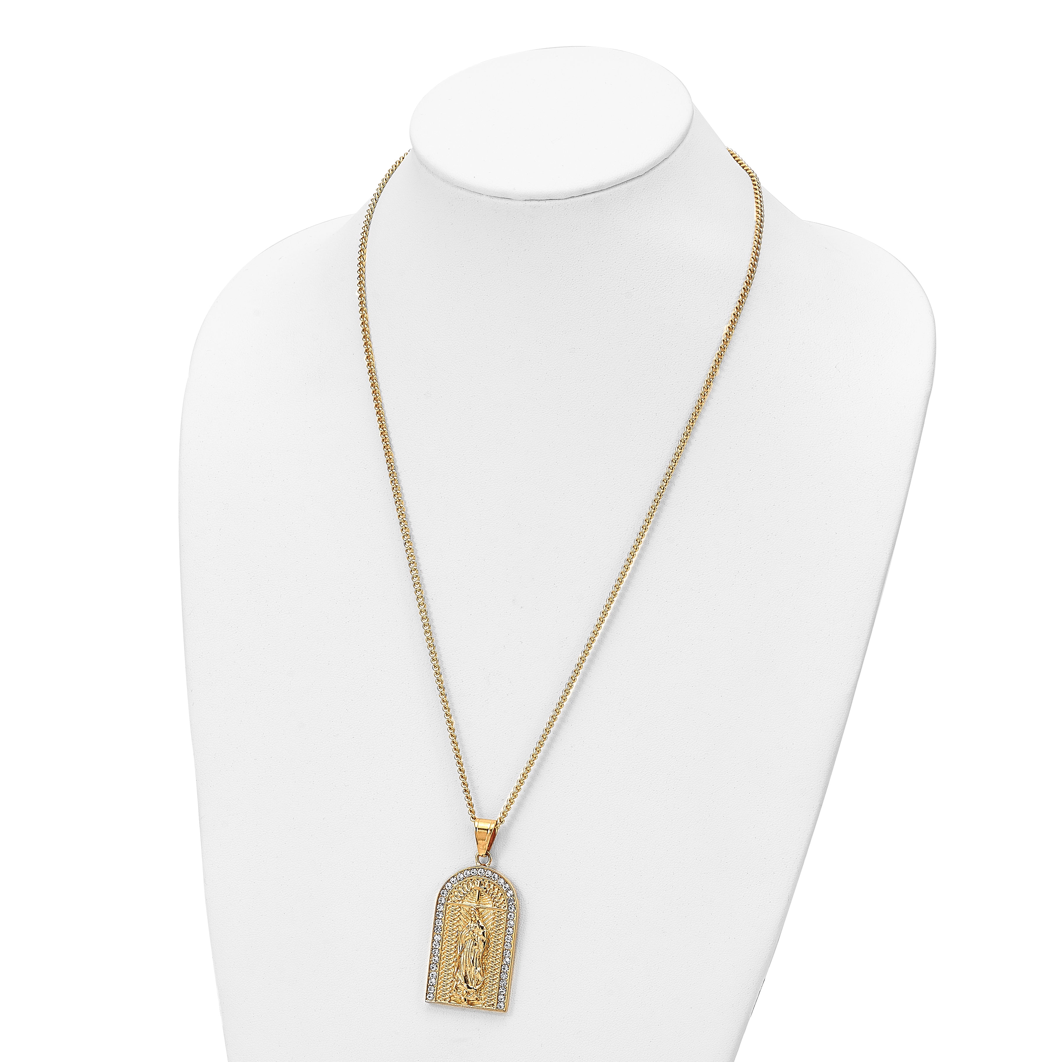 Chisel Stainless Steel Polished Yellow IP-plated with Crystal Blessed Mary Pendant on a 24 inch Curb Chain Necklace