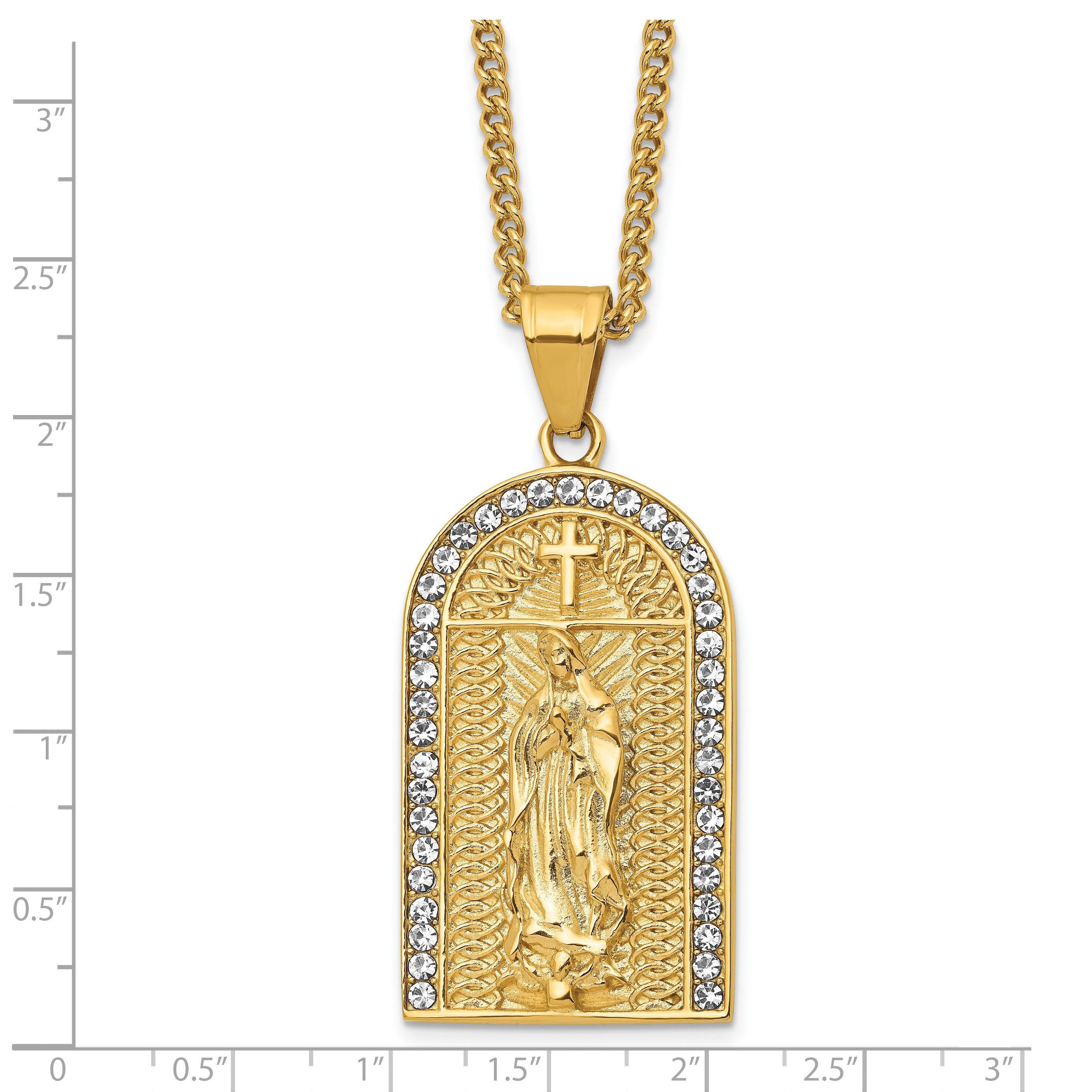 Chisel Stainless Steel Polished Yellow IP-plated with Crystal Blessed Mary Pendant on a 24 inch Curb Chain Necklace