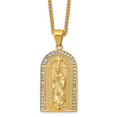 Chisel Stainless Steel Polished Yellow IP-plated with Crystal Blessed Mary Pendant on a 24 inch Curb Chain Necklace