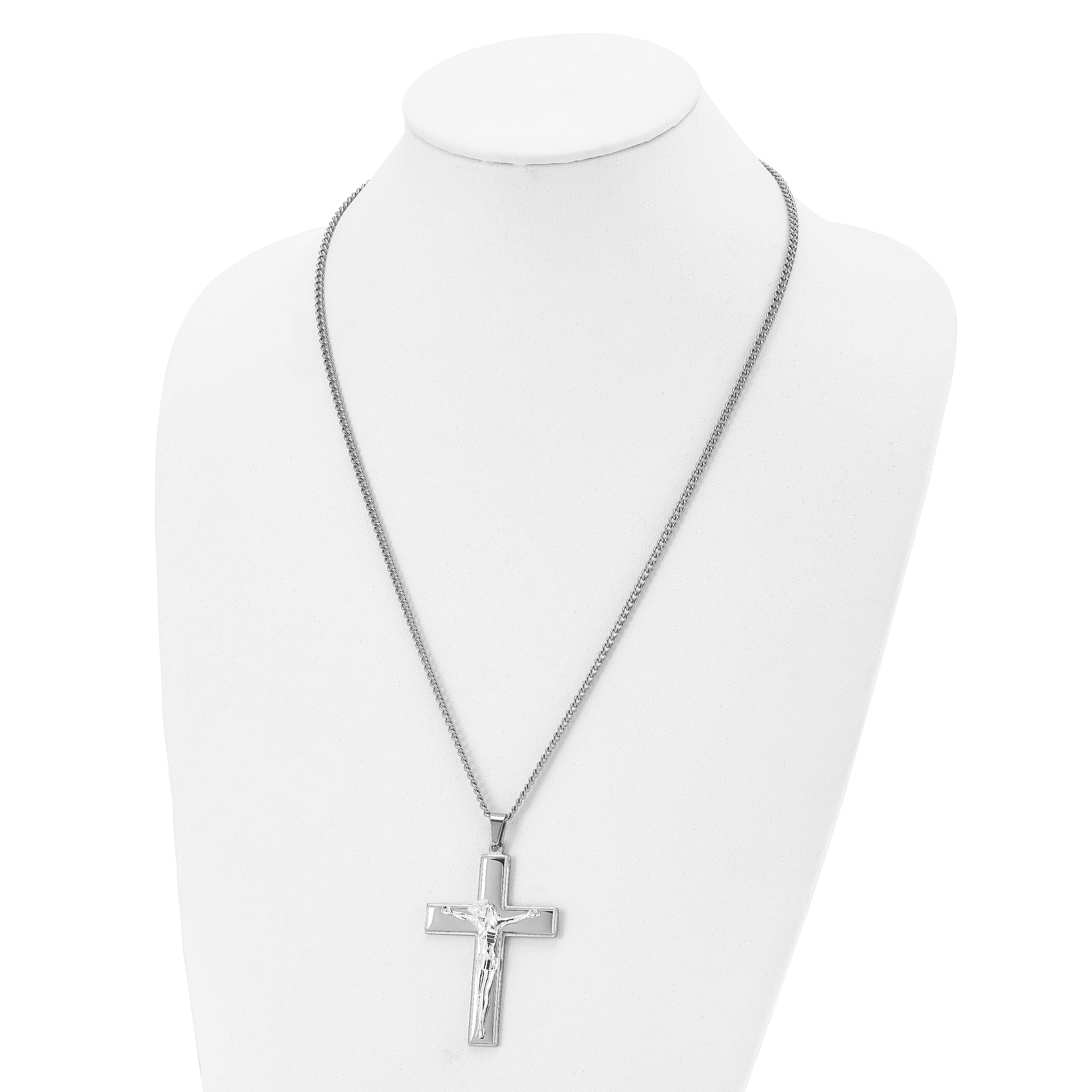 Chisel Stainless Steel Polished Crucifix Pendant on a 24 inch Curb Chain Necklace