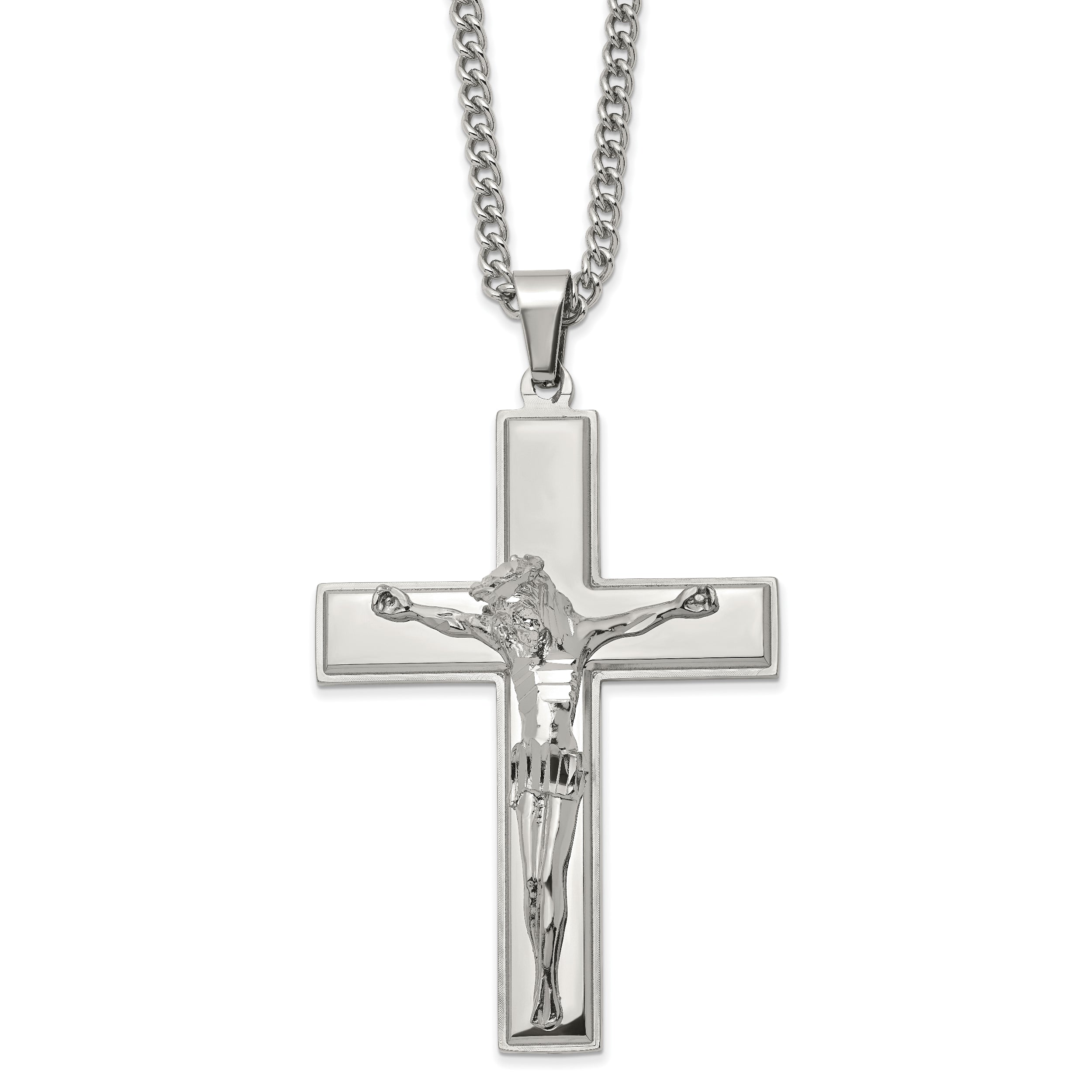 Chisel Stainless Steel Polished Crucifix Pendant on a 24 inch Curb Chain Necklace